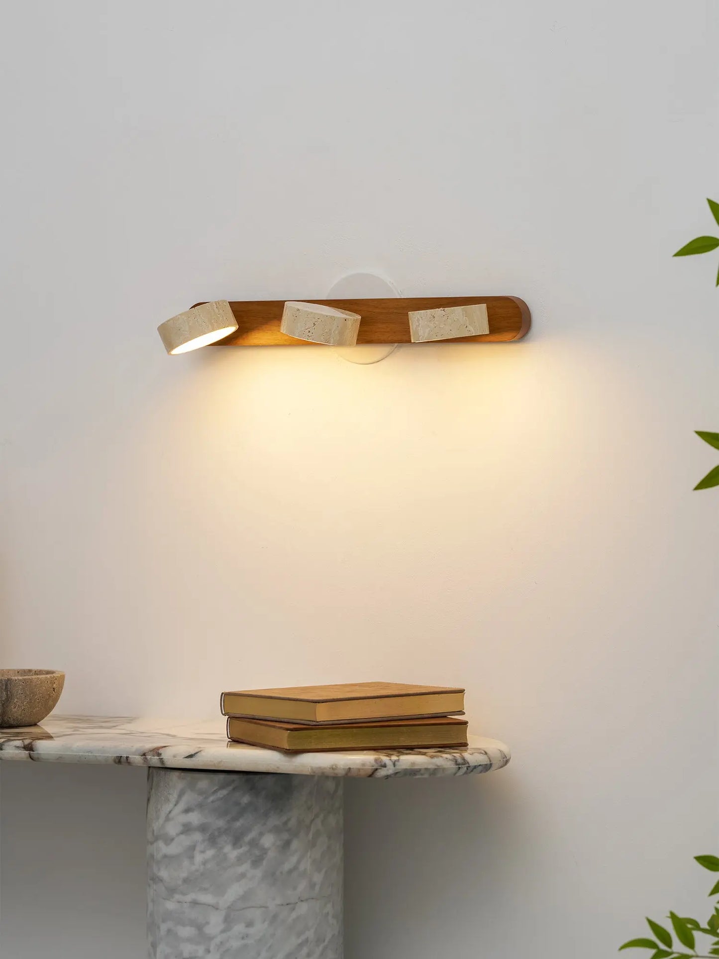 Travertine Stone Duo Wall Light — Rotatable Round LED Sconce for Bathroom Vanity, Dressing Table and Mirror Front, Sculptural Wood and Stone Wall Lamp Erbstuk