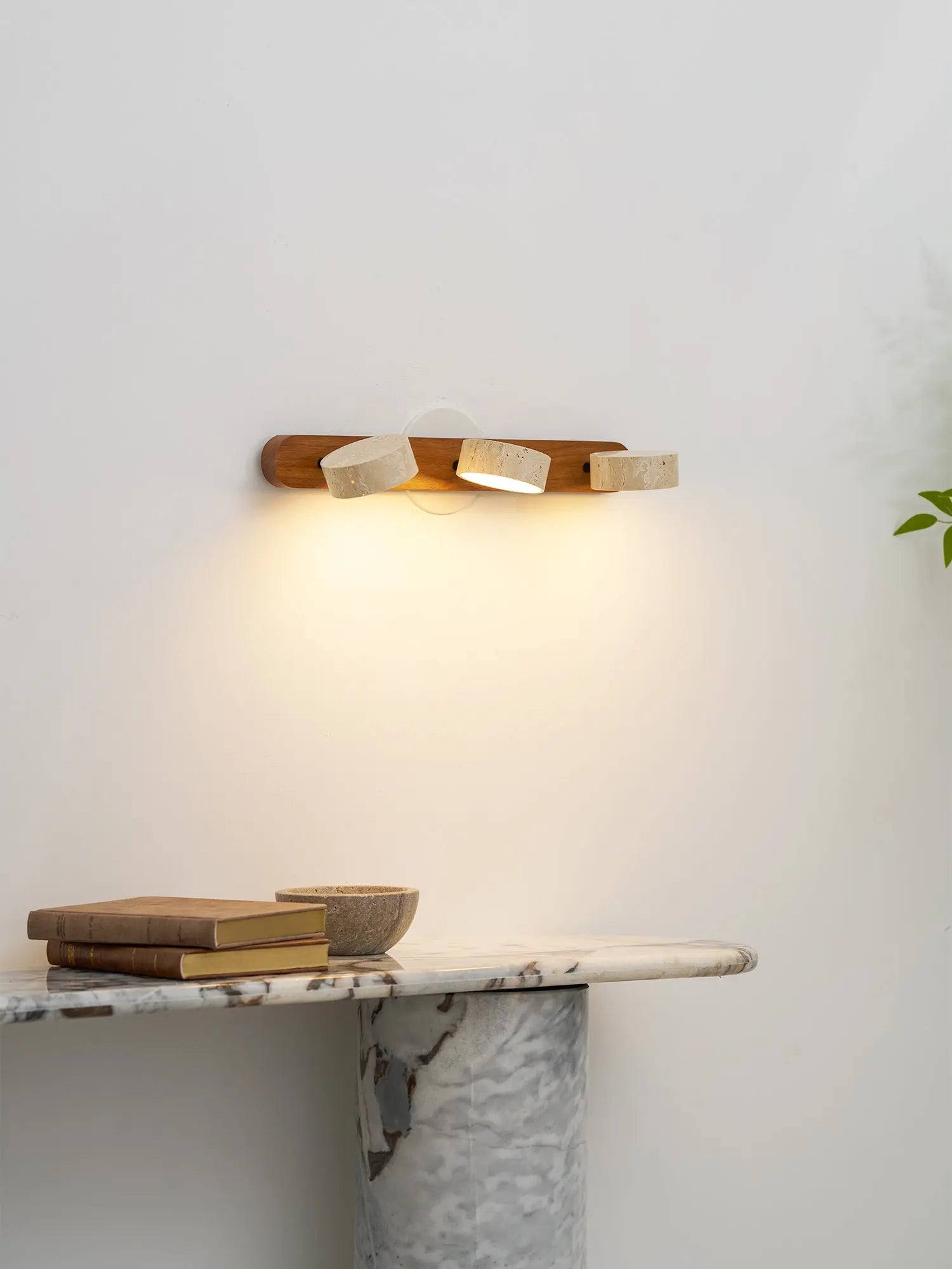 Travertine Stone Duo Wall Light — Rotatable Round LED Sconce for Bathroom Vanity, Dressing Table and Mirror Front, Sculptural Wood and Stone Wall Lamp Erbstuk