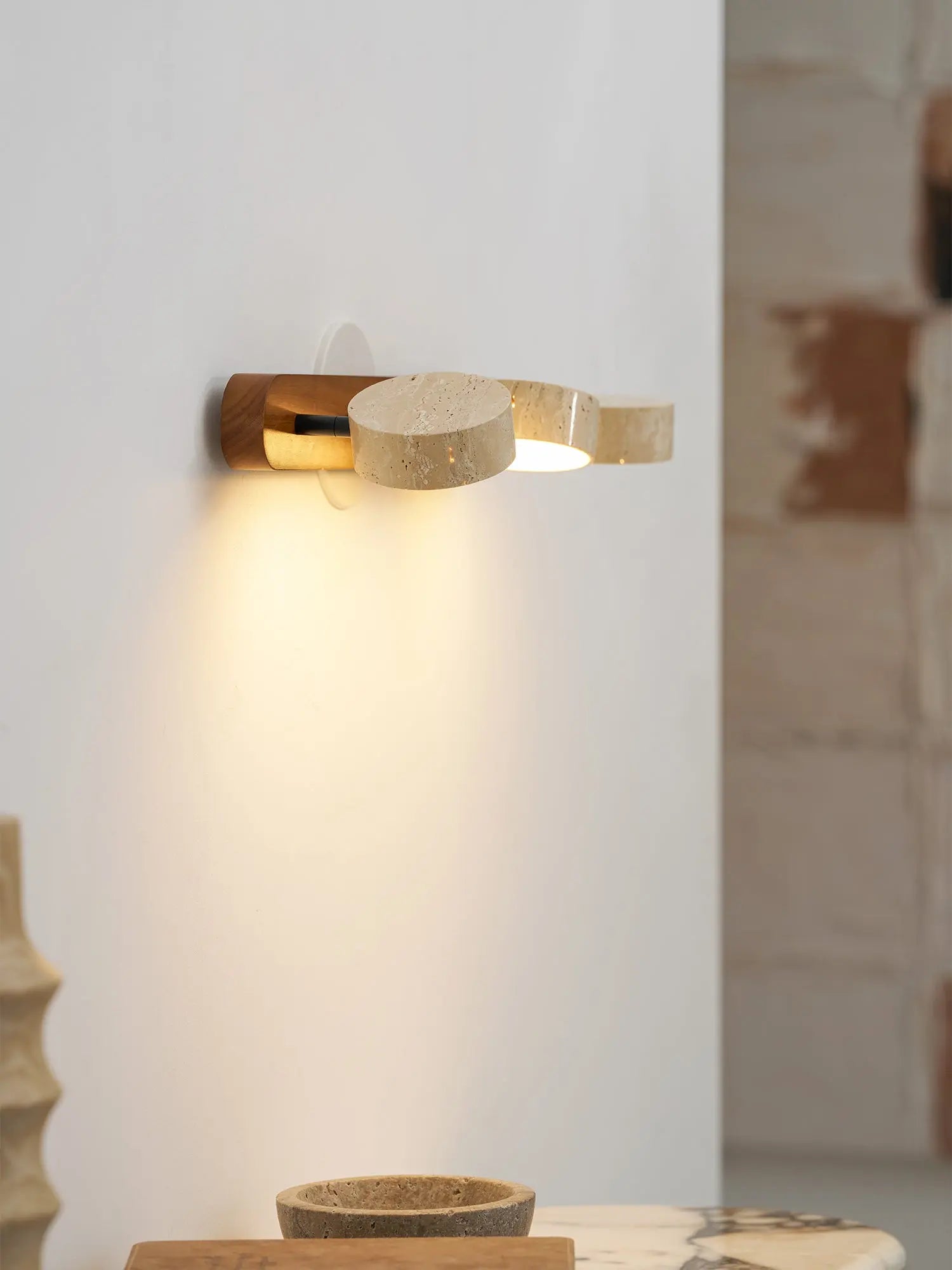 Travertine Stone Duo Wall Light — Rotatable Round LED Sconce for Bathroom Vanity, Dressing Table and Mirror Front, Sculptural Wood and Stone Wall Lamp Erbstuk