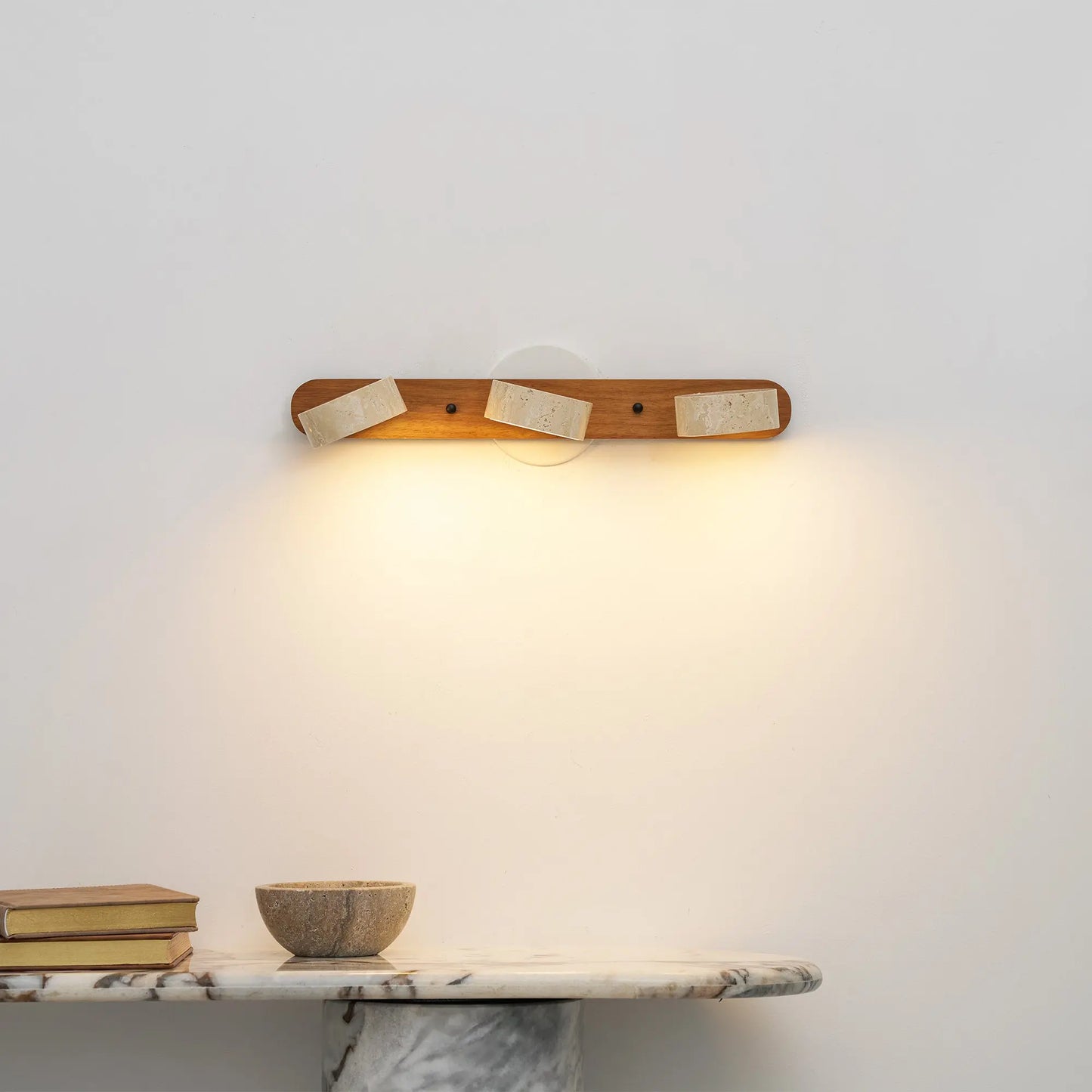Travertine Stone Duo Wall Light — Rotatable Round LED Sconce for Bathroom Vanity, Dressing Table and Mirror Front, Sculptural Wood and Stone Wall Lamp Erbstuk