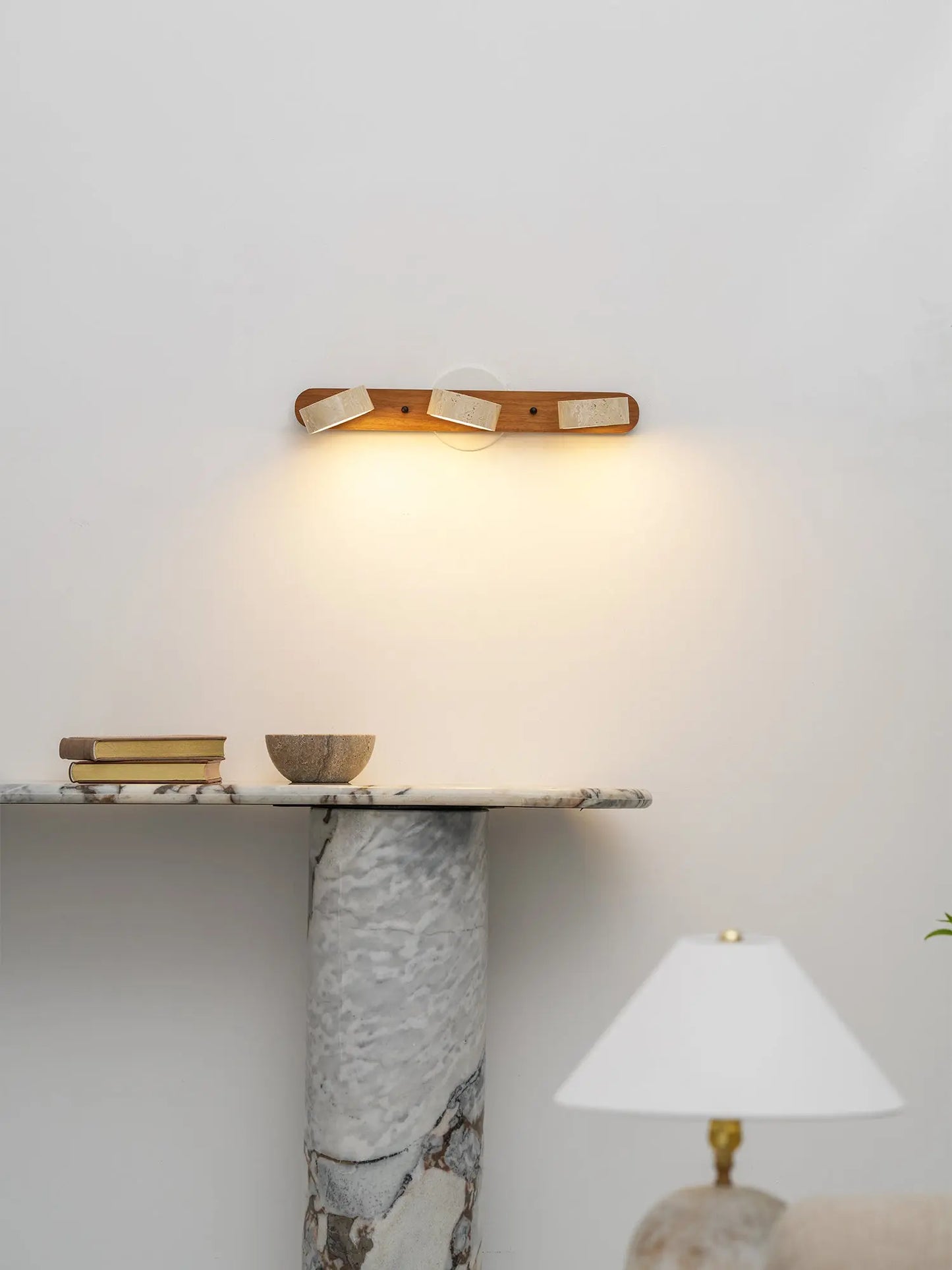 Travertine Stone Duo Wall Light — Rotatable Round LED Sconce for Bathroom Vanity, Dressing Table and Mirror Front, Sculptural Wood and Stone Wall Lamp Erbstuk