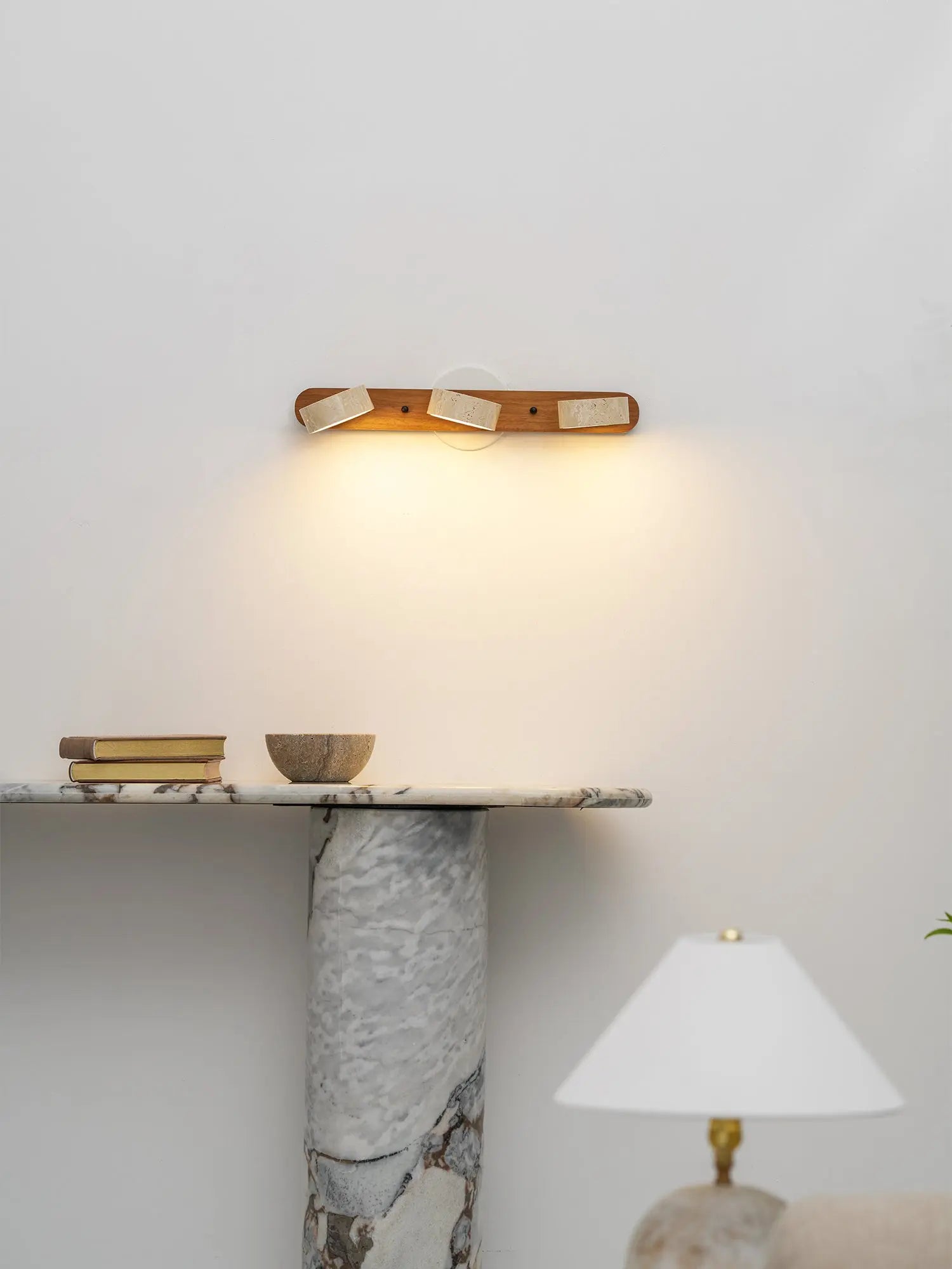 Travertine Stone Duo Wall Light — Rotatable Round LED Sconce for Bathroom Vanity, Dressing Table and Mirror Front, Sculptural Wood and Stone Wall Lamp Erbstuk