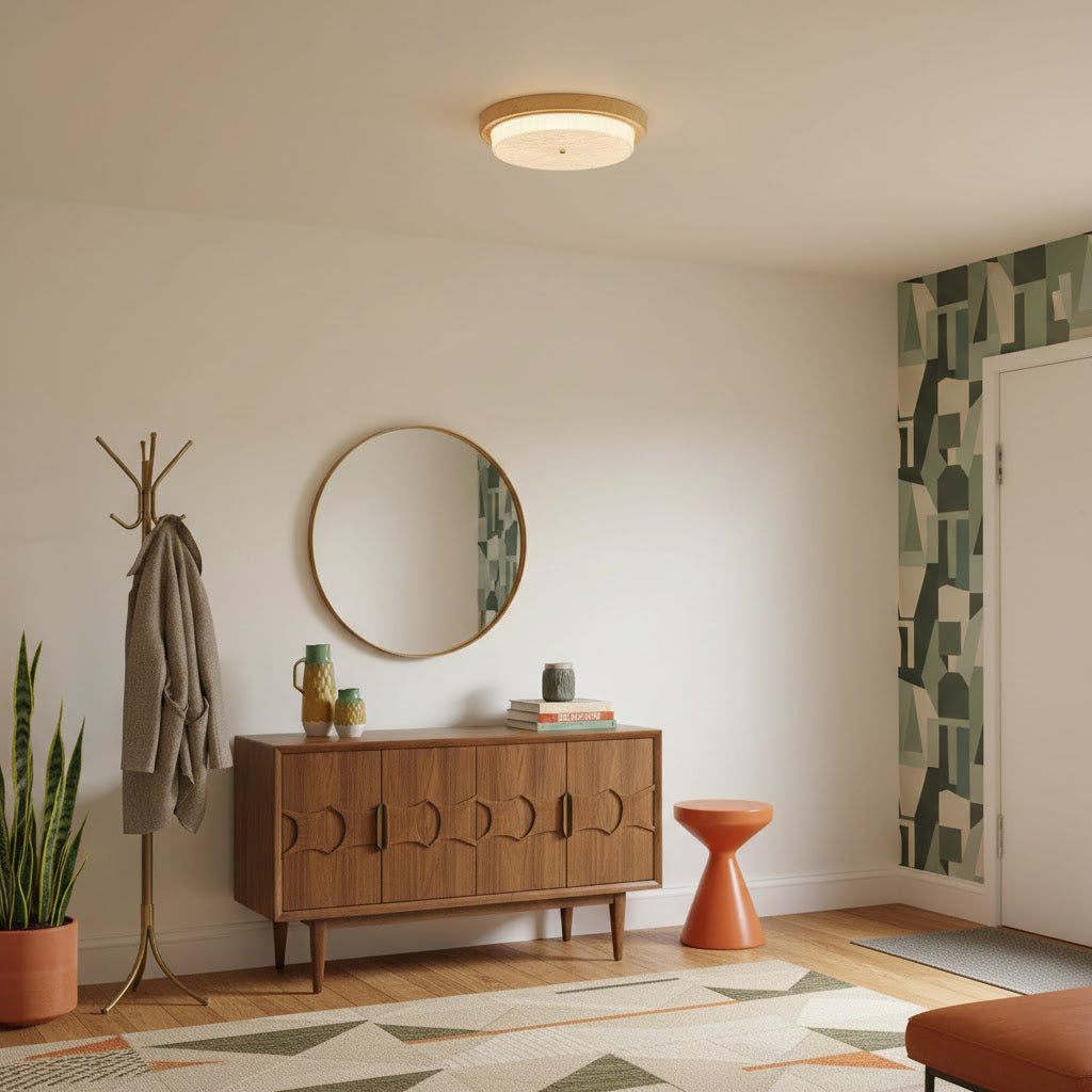 Round Glass & Wood Flush Mount Ceiling Light