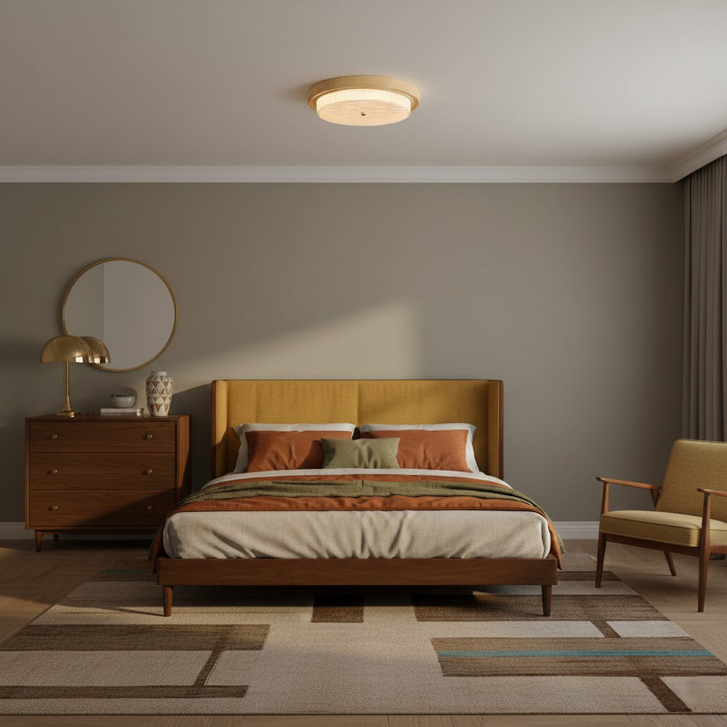 Round Glass & Wood Flush Mount Ceiling Light