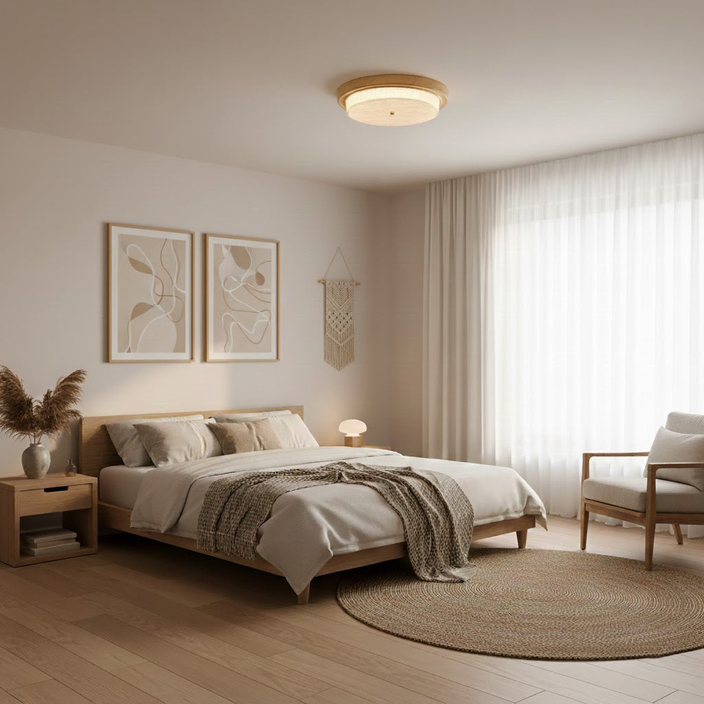 Round Glass & Wood Flush Mount Ceiling Light