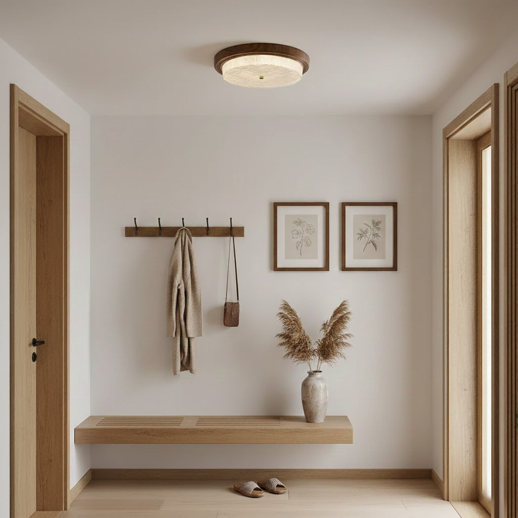 Round Glass & Wood Flush Mount Ceiling Light