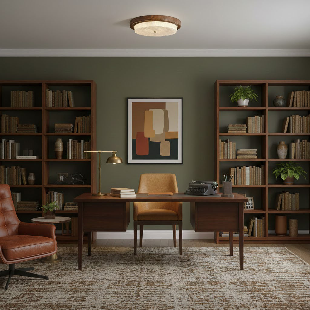 Round Glass & Wood Flush Mount Ceiling Light