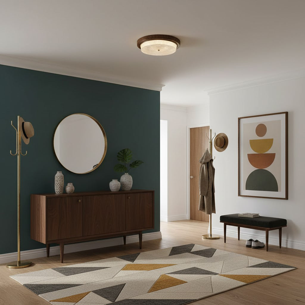 Round Glass & Wood Flush Mount Ceiling Light