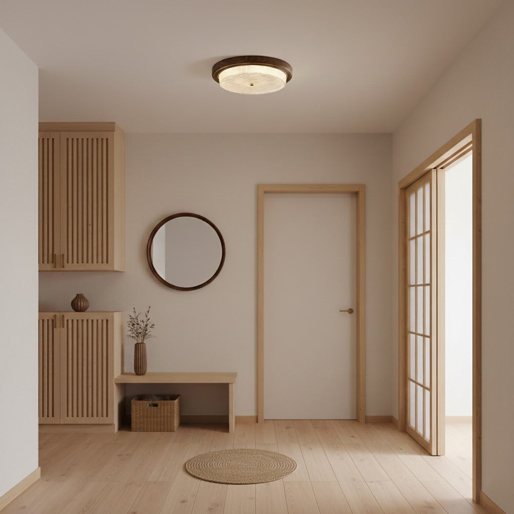 Round Glass & Wood Flush Mount Ceiling Light