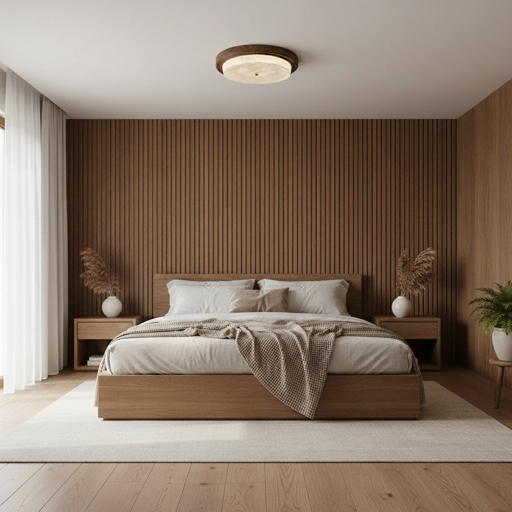 Round Glass & Wood Flush Mount Ceiling Light