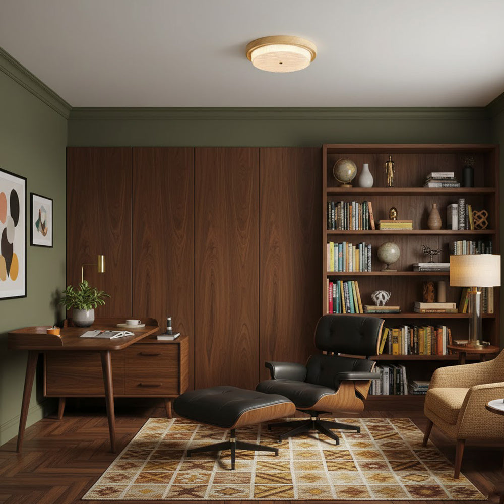 Round Glass & Wood Flush Mount Ceiling Light
