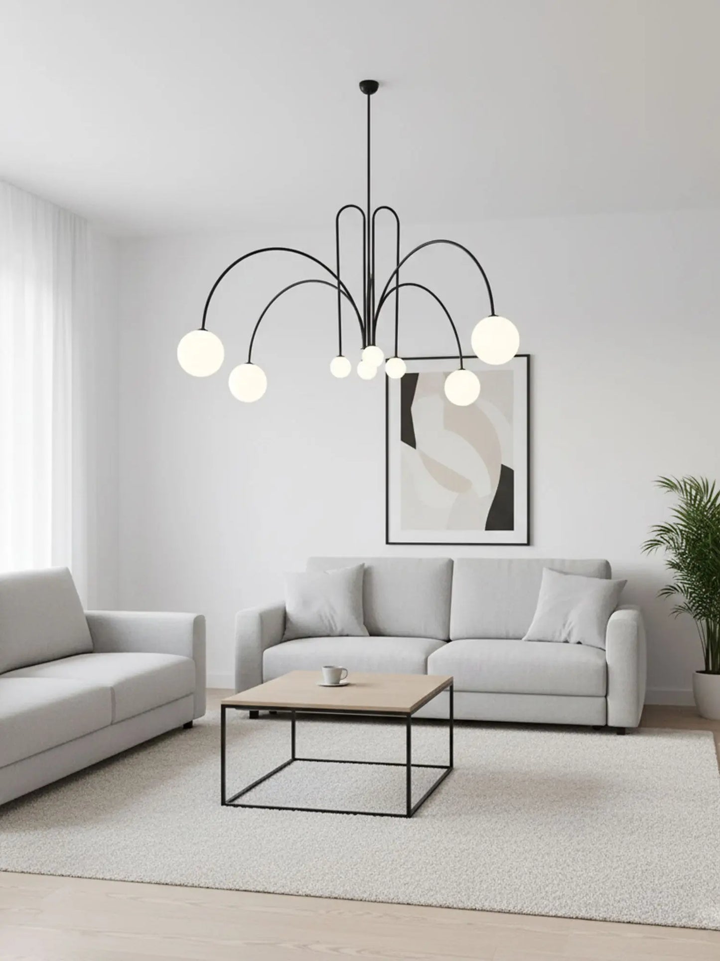 Branching Arc Sputnik Chandelier — Nordic Art Deco Pendant Light with Milk Glass Globes for Dining Room, Living Room, Restaurant and Cafe, Black Gold and Red Multi-Head Ceiling Light Erbstuk