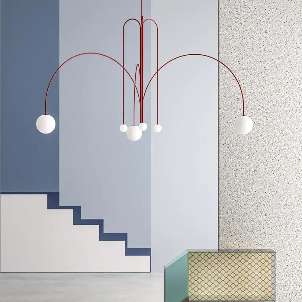 Branching Arc Sputnik Chandelier — Nordic Art Deco Pendant Light with Milk Glass Globes for Dining Room, Living Room, Restaurant and Cafe, Black Gold and Red Multi-Head Ceiling Light Erbstuk