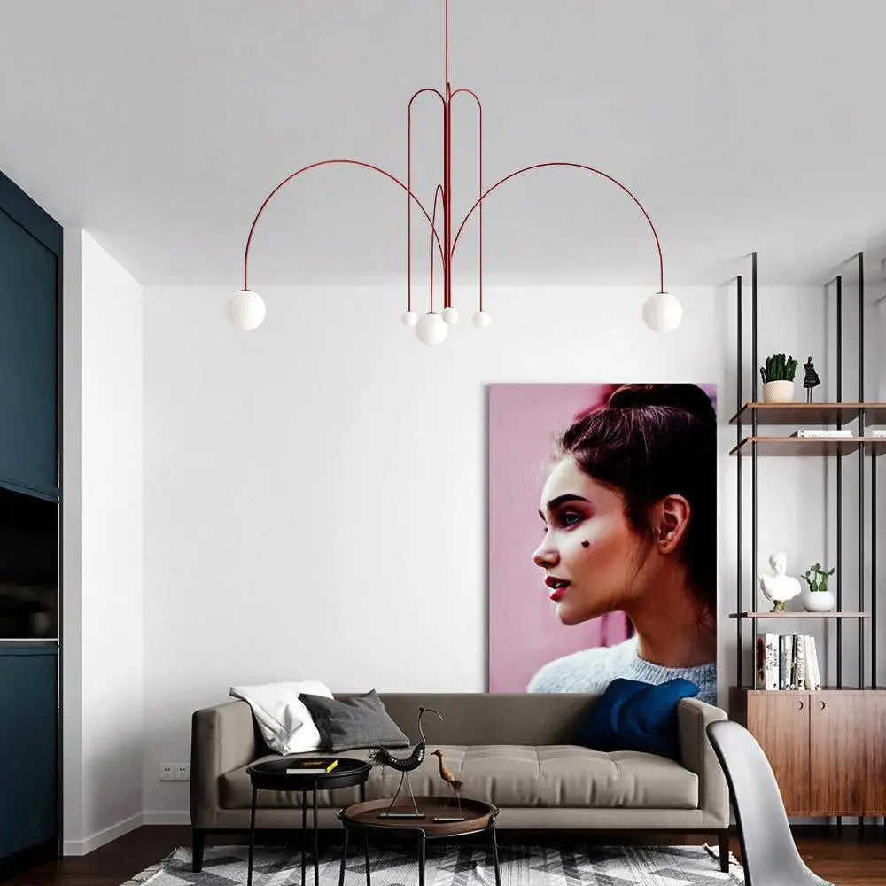 Branching Arc Sputnik Chandelier — Nordic Art Deco Pendant Light with Milk Glass Globes for Dining Room, Living Room, Restaurant and Cafe, Black Gold and Red Multi-Head Ceiling Light Erbstuk