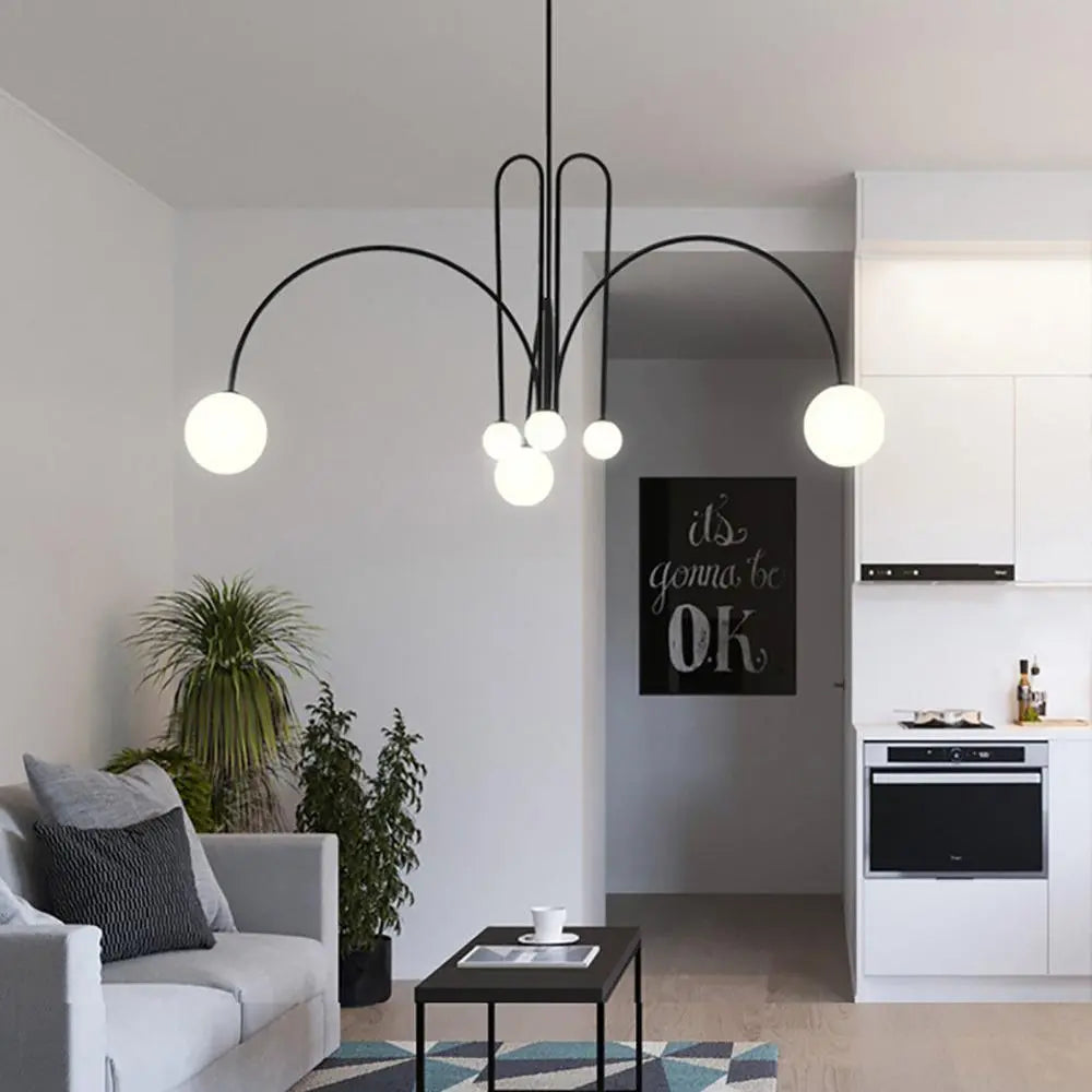 Branching Arc Sputnik Chandelier — Nordic Art Deco Pendant Light with Milk Glass Globes for Dining Room, Living Room, Restaurant and Cafe, Black Gold and Red Multi-Head Ceiling Light Erbstuk