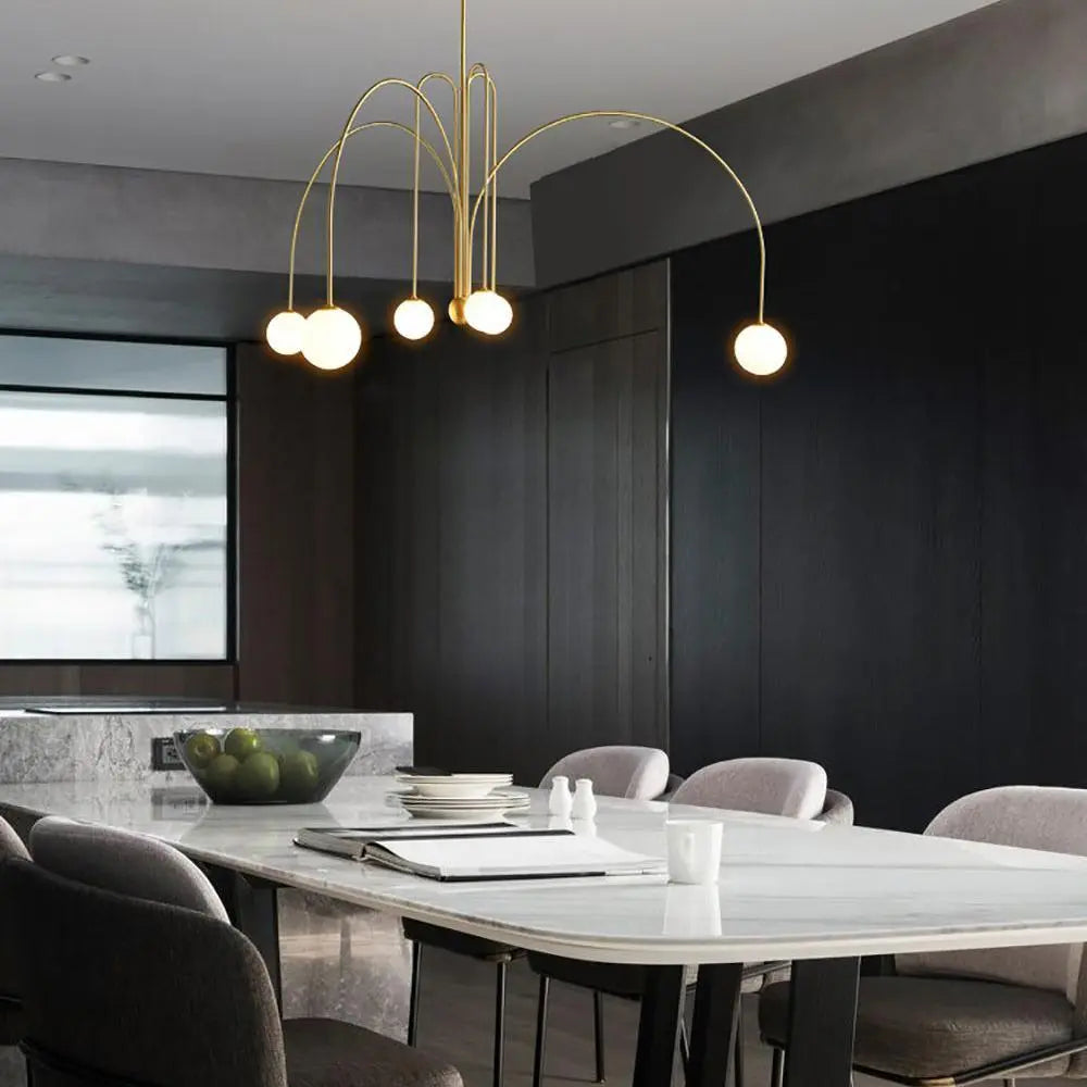 Branching Arc Sputnik Chandelier — Nordic Art Deco Pendant Light with Milk Glass Globes for Dining Room, Living Room, Restaurant and Cafe, Black Gold and Red Multi-Head Ceiling Light Erbstuk