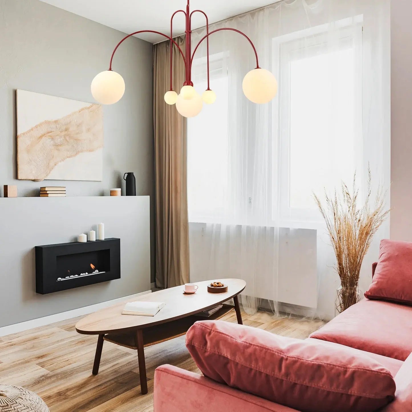 Branching Arc Sputnik Chandelier — Nordic Art Deco Pendant Light with Milk Glass Globes for Dining Room, Living Room, Restaurant and Cafe, Black Gold and Red Multi-Head Ceiling Light Erbstuk