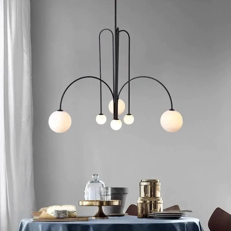 Branching Arc Sputnik Chandelier — Nordic Art Deco Pendant Light with Milk Glass Globes for Dining Room, Living Room, Restaurant and Cafe, Black Gold and Red Multi-Head Ceiling Light Erbstuk
