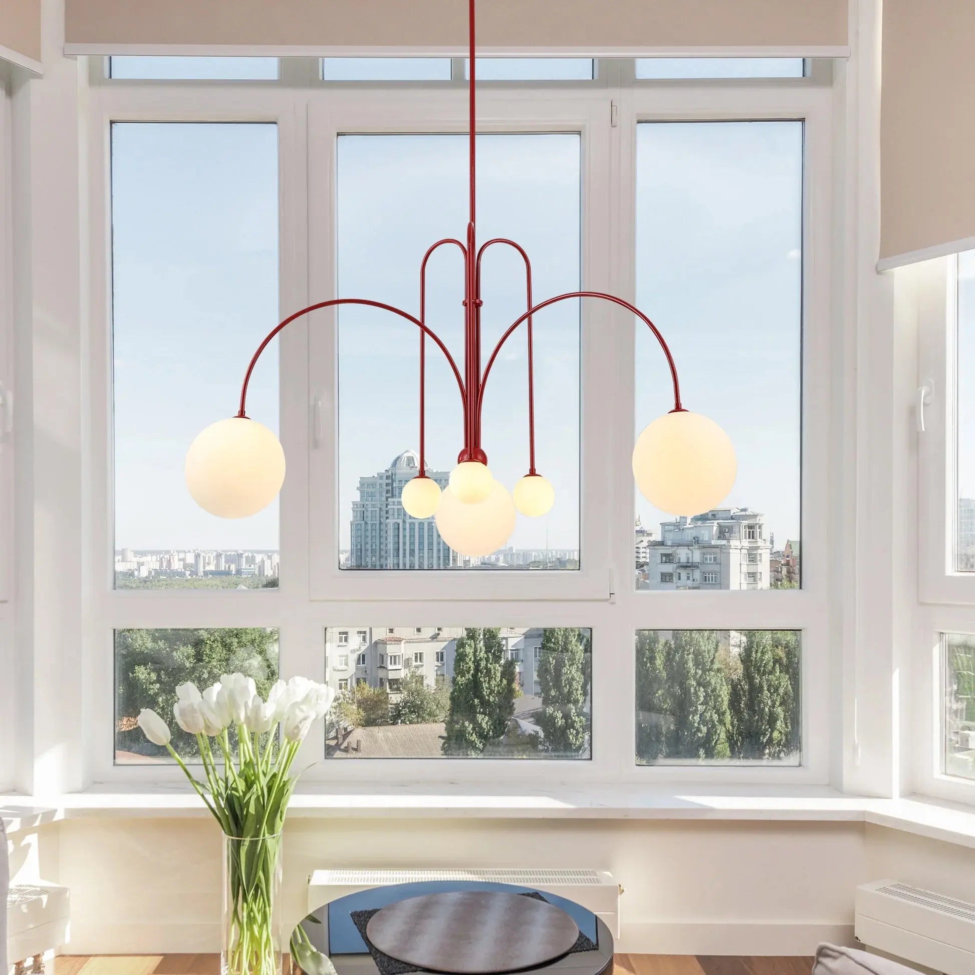 Branching Arc Sputnik Chandelier — Nordic Art Deco Pendant Light with Milk Glass Globes for Dining Room, Living Room, Restaurant and Cafe, Black Gold and Red Multi-Head Ceiling Light Erbstuk