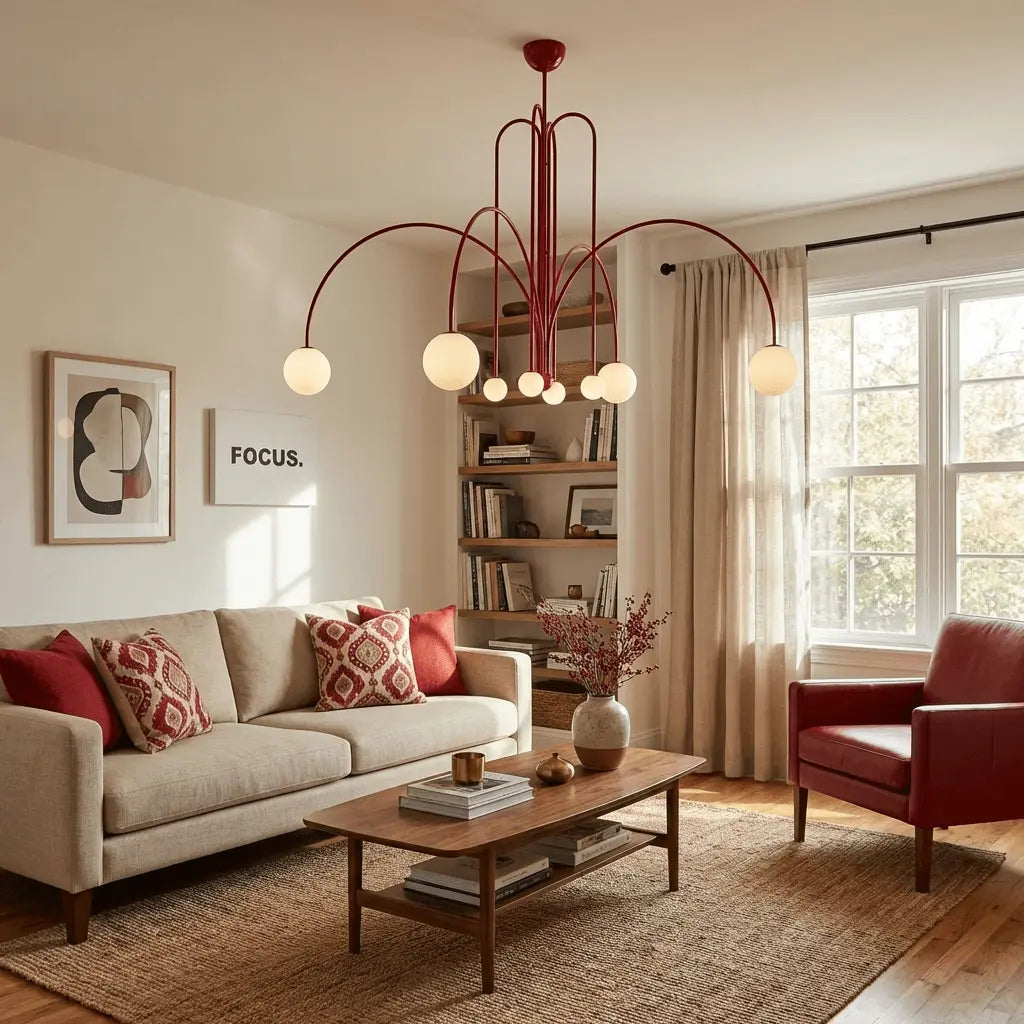 Branching Arc Sputnik Chandelier — Nordic Art Deco Pendant Light with Milk Glass Globes for Dining Room, Living Room, Restaurant and Cafe, Black Gold and Red Multi-Head Ceiling Light Erbstuk