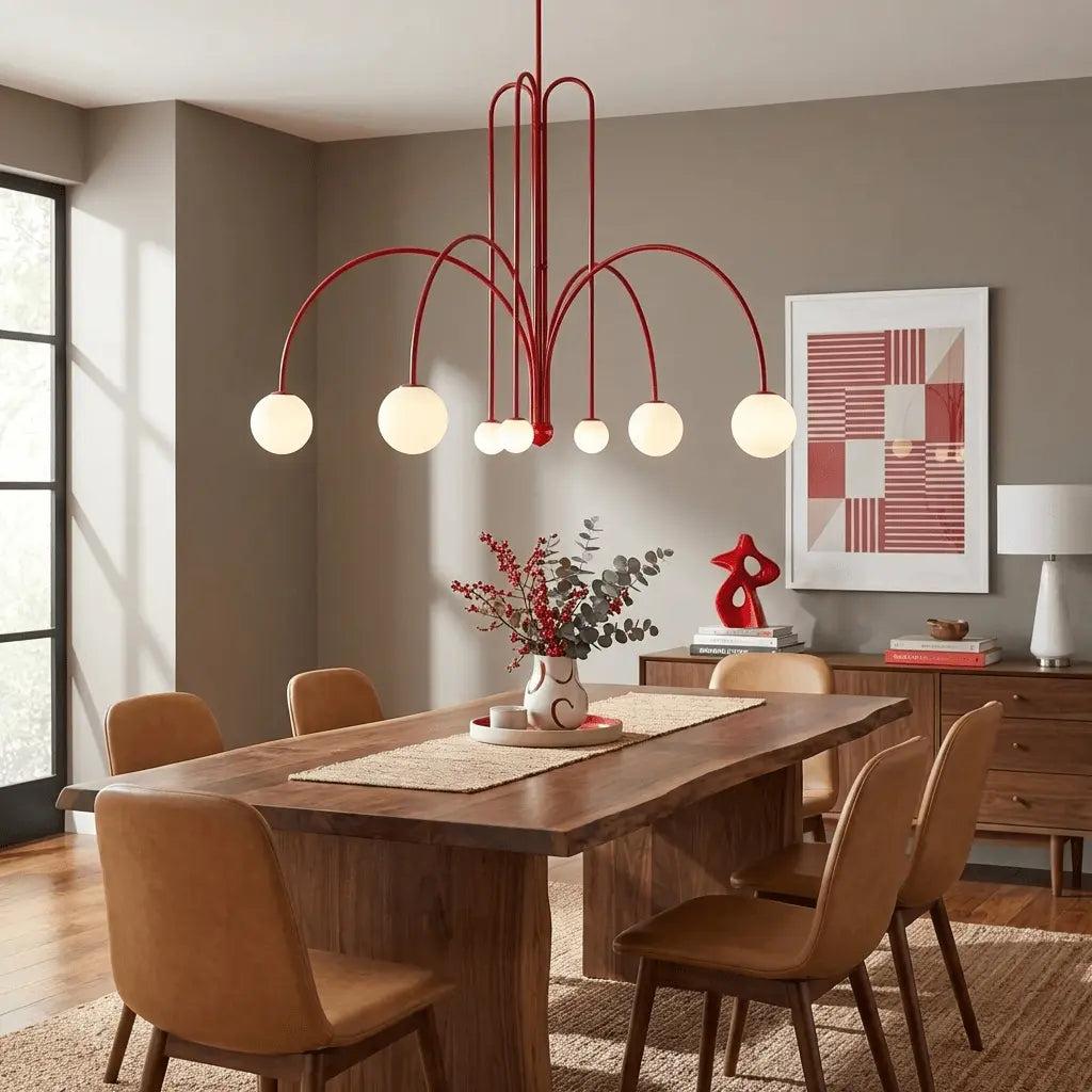 Branching Arc Sputnik Chandelier — Nordic Art Deco Pendant Light with Milk Glass Globes for Dining Room, Living Room, Restaurant and Cafe, Black Gold and Red Multi-Head Ceiling Light Erbstuk