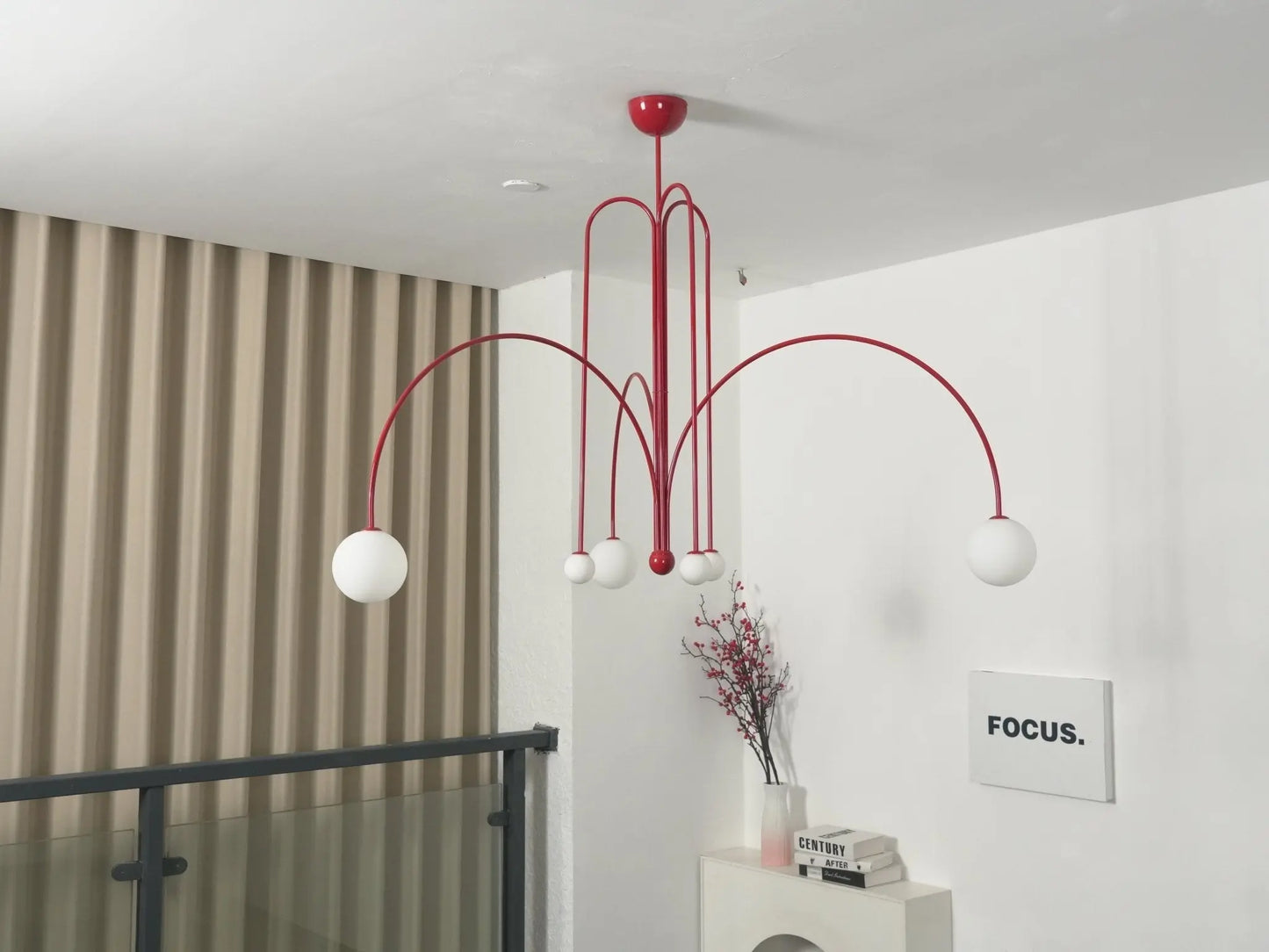 Branching Arc Sputnik Chandelier — Nordic Art Deco Pendant Light with Milk Glass Globes for Dining Room, Living Room, Restaurant and Cafe, Black Gold and Red Multi-Head Ceiling Light Erbstuk