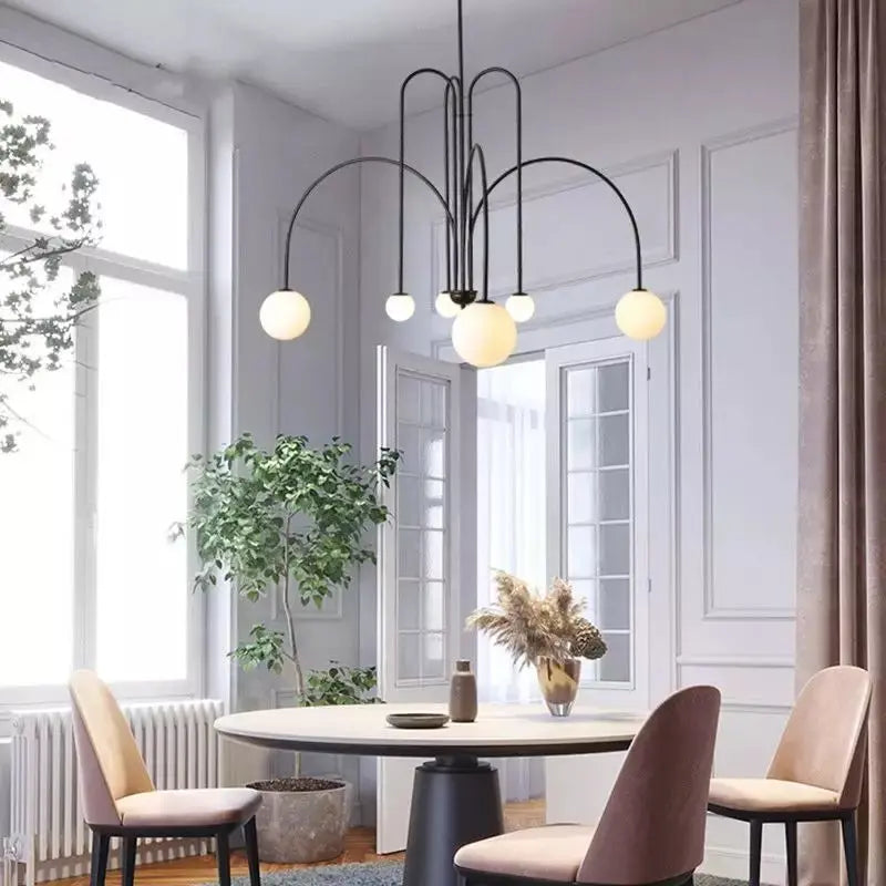 Branching Arc Sputnik Chandelier — Nordic Art Deco Pendant Light with Milk Glass Globes for Dining Room, Living Room, Restaurant and Cafe, Black Gold and Red Multi-Head Ceiling Light Erbstuk