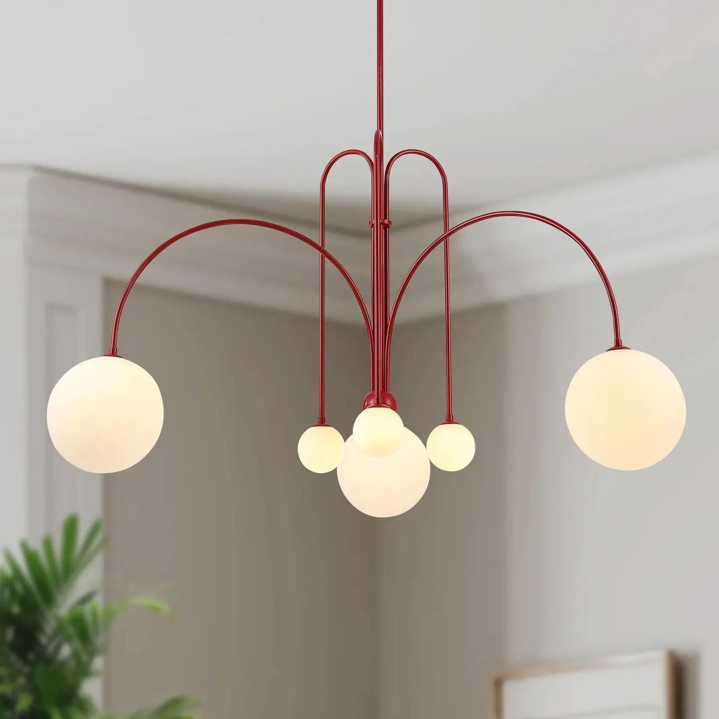 Branching Arc Sputnik Chandelier — Nordic Art Deco Pendant Light with Milk Glass Globes for Dining Room, Living Room, Restaurant and Cafe, Black Gold and Red Multi-Head Ceiling Light Erbstuk