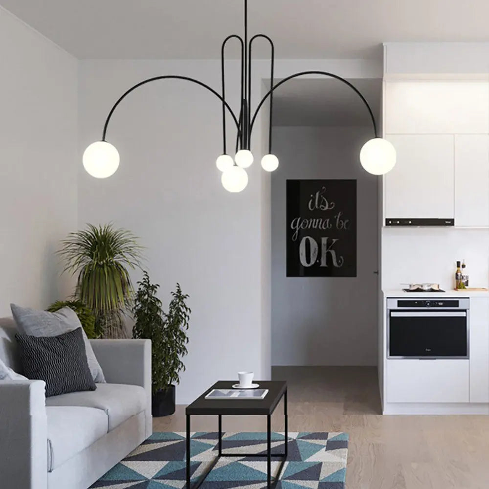 Branching Arc Sputnik Chandelier — Nordic Art Deco Pendant Light with Milk Glass Globes for Dining Room, Living Room, Restaurant and Cafe, Black Gold and Red Multi-Head Ceiling Light Erbstuk