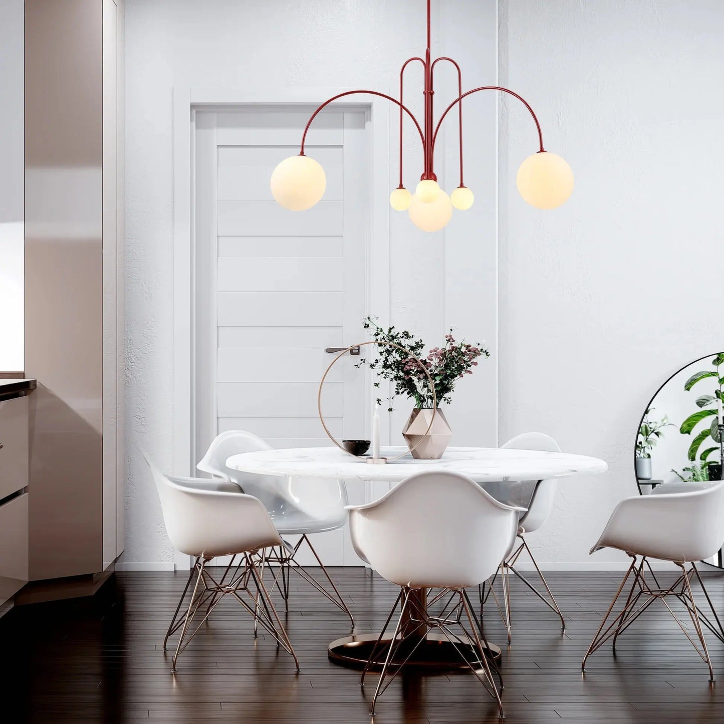 Branching Arc Sputnik Chandelier — Nordic Art Deco Pendant Light with Milk Glass Globes for Dining Room, Living Room, Restaurant and Cafe, Black Gold and Red Multi-Head Ceiling Light Erbstuk