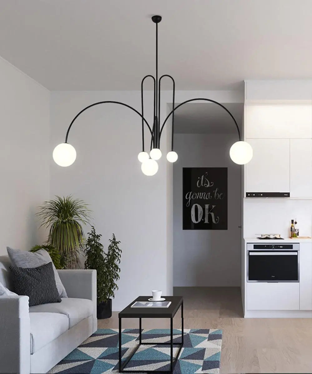 Branching Arc Sputnik Chandelier — Nordic Art Deco Pendant Light with Milk Glass Globes for Dining Room, Living Room, Restaurant and Cafe, Black Gold and Red Multi-Head Ceiling Light Erbstuk