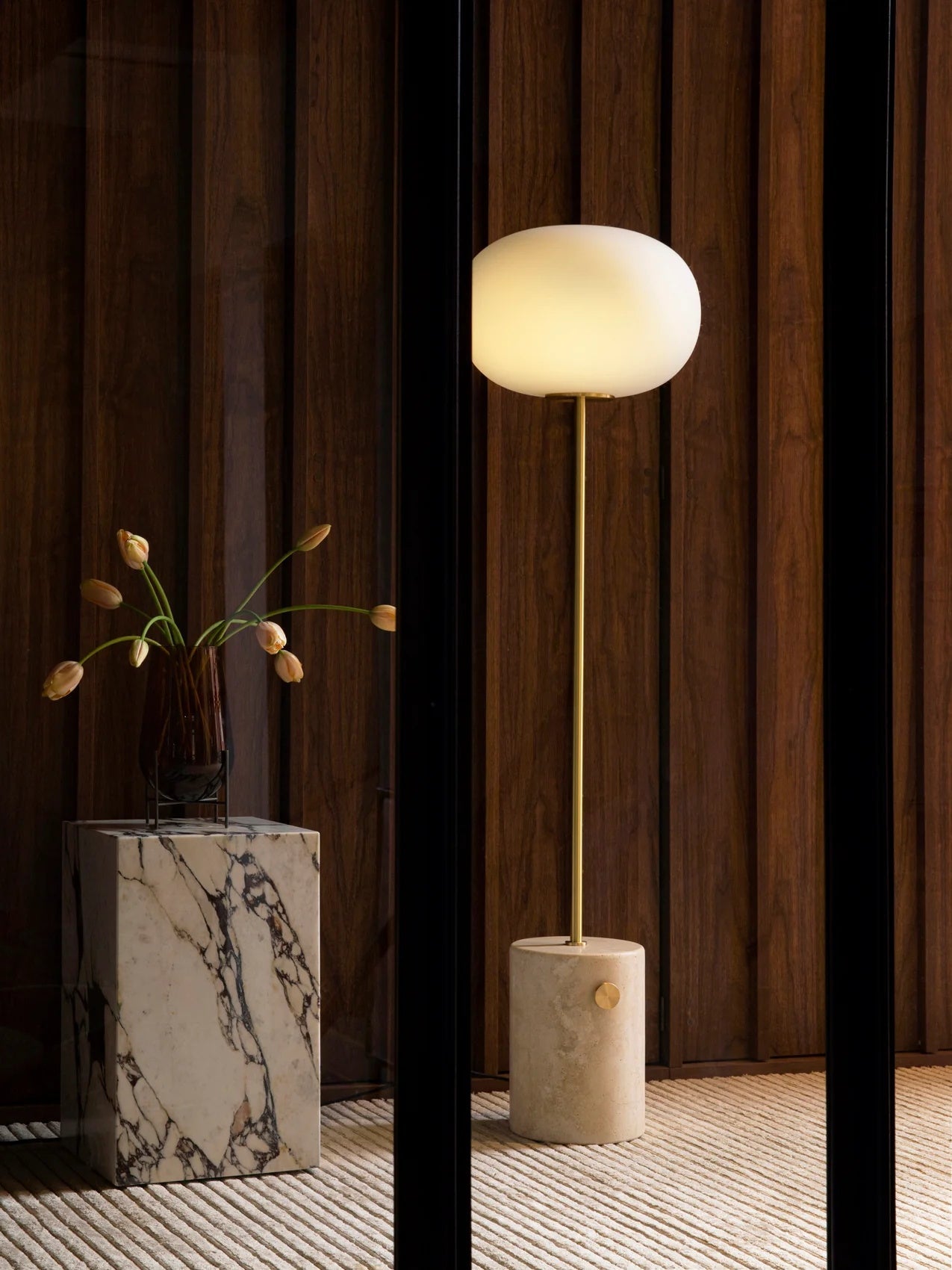 Stone and Brass Column Floor Lamp