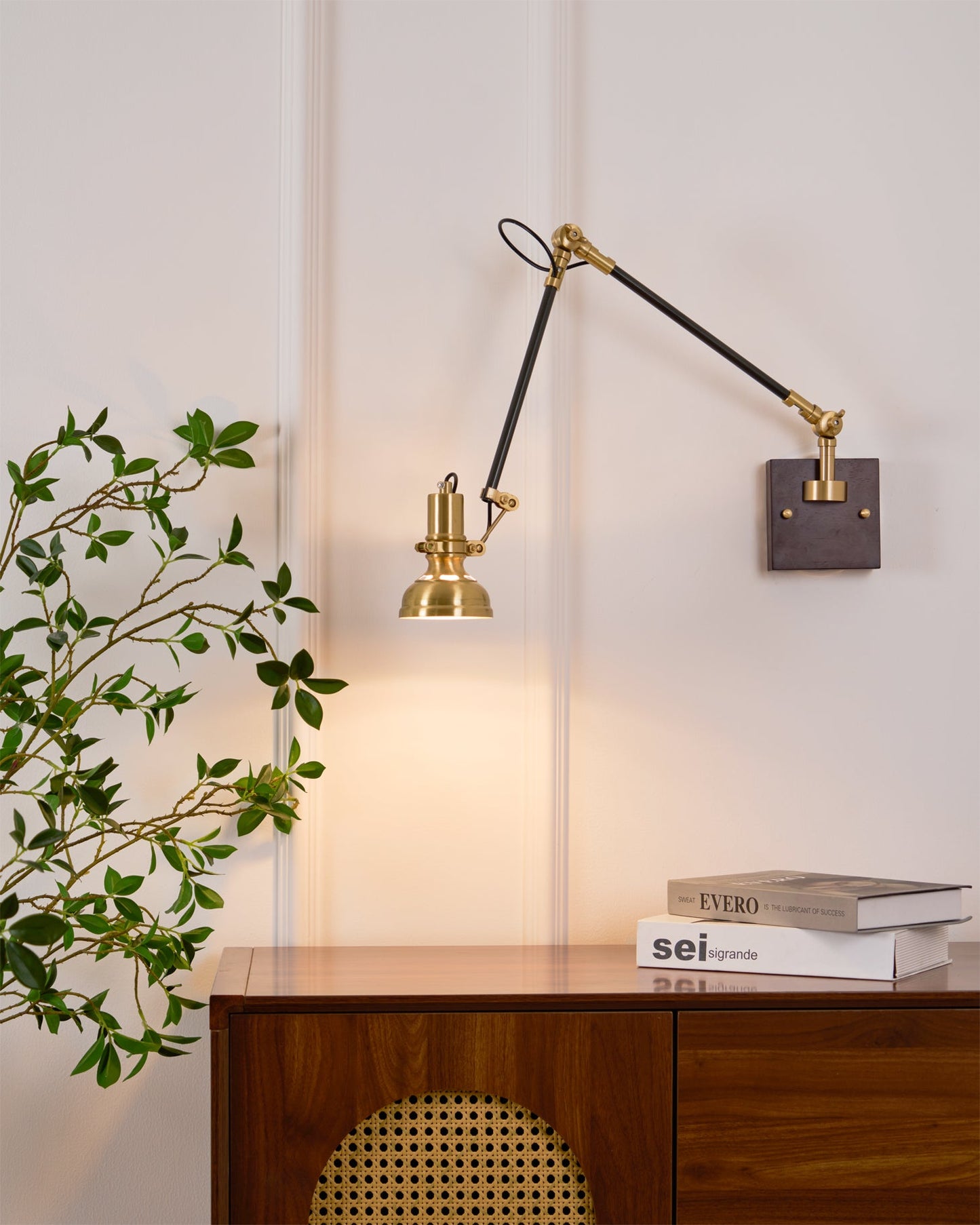 Walnut and Brass Swing Arm Sconce
