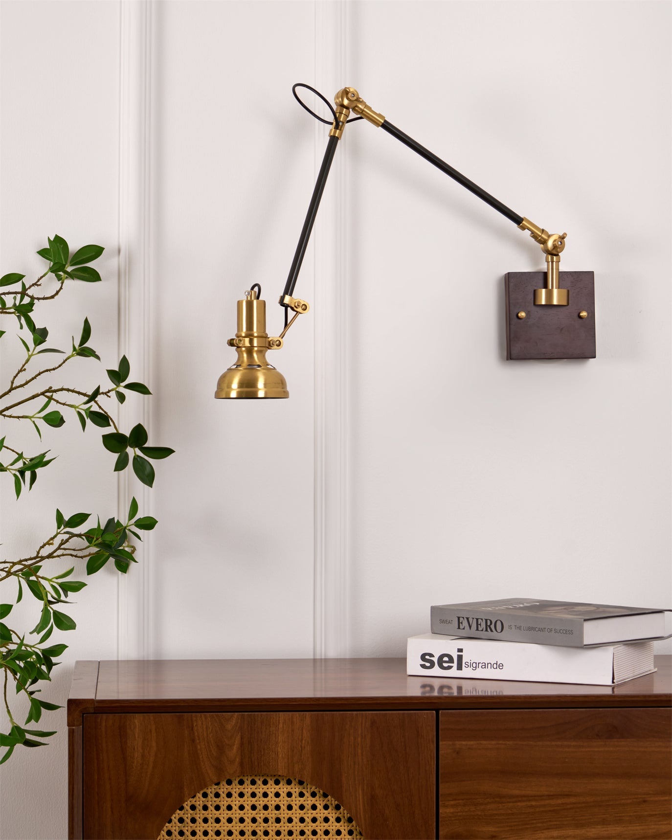 Walnut and Brass Swing Arm Sconce