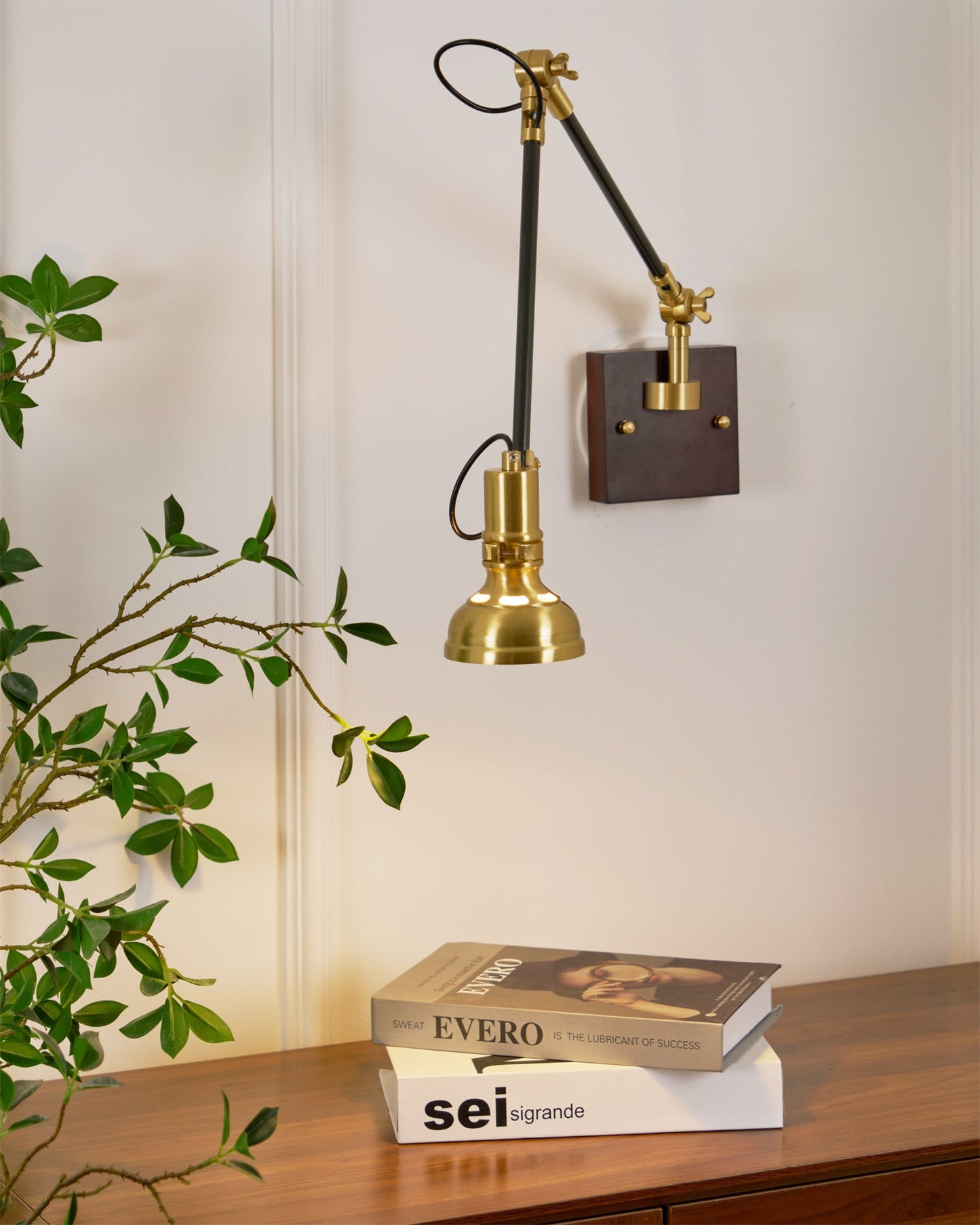 Walnut and Brass Swing Arm Sconce