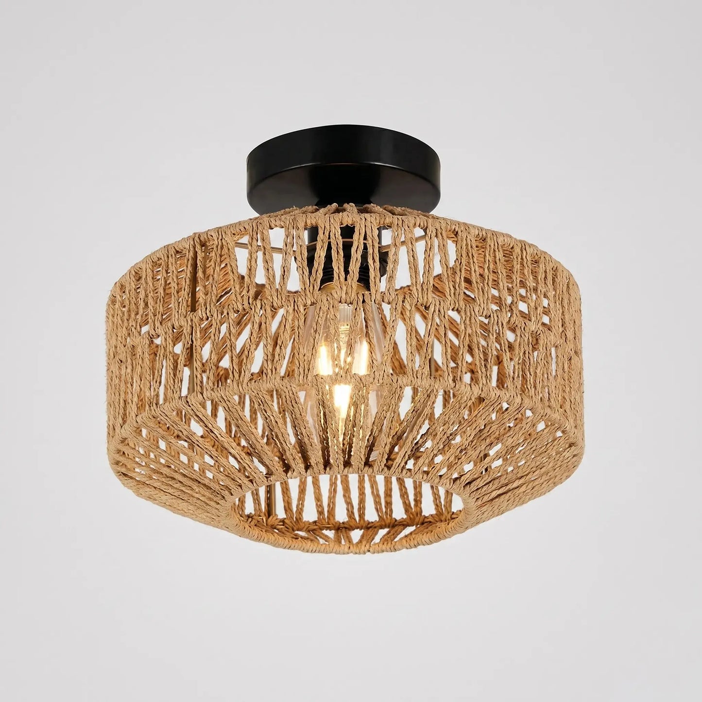 Paper Rattan Woven Ceiling Light — Rustic Flush Mount Ceiling Lamp with Open-Weave Shade — Hallway Ceiling Light, Living Room Ceiling Light — Entryway and Bedroom Pendant Fixture Erbstuk