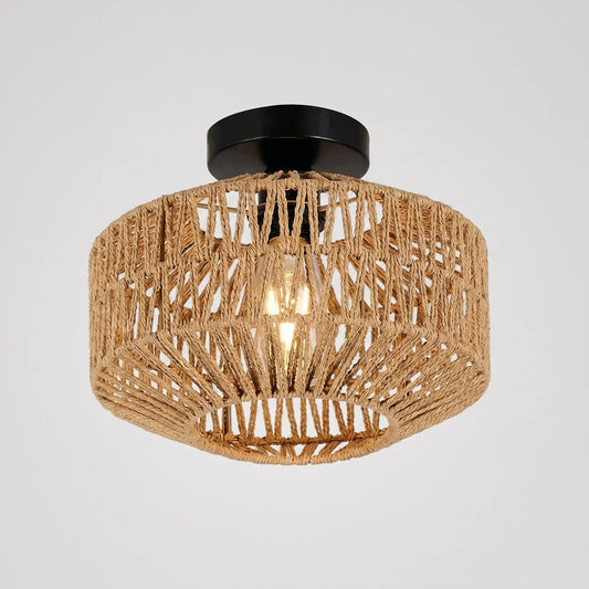Paper Rattan Woven Ceiling Light — Rustic Flush Mount Ceiling Lamp with Open-Weave Shade — Hallway Ceiling Light, Living Room Ceiling Light — Entryway and Bedroom Pendant Fixture Erbstuk