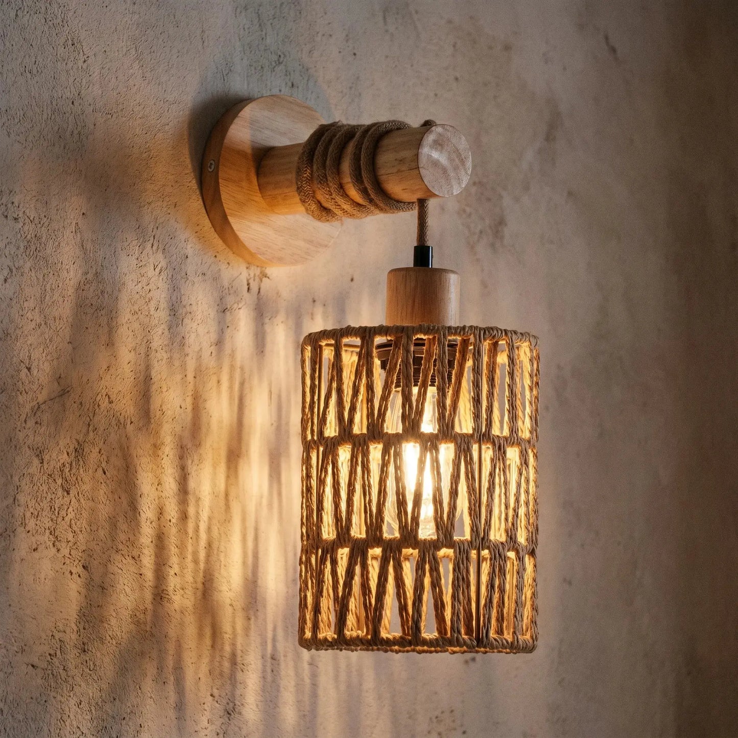 Woven Cord Cylindrical Wall Lamp — Rustic Farmhouse Wall Sconce for Bedroom, Hallway, and Living Room, Natural Wood-Backed Wall Light with Hand-Wound Cord Shade Erbstuk