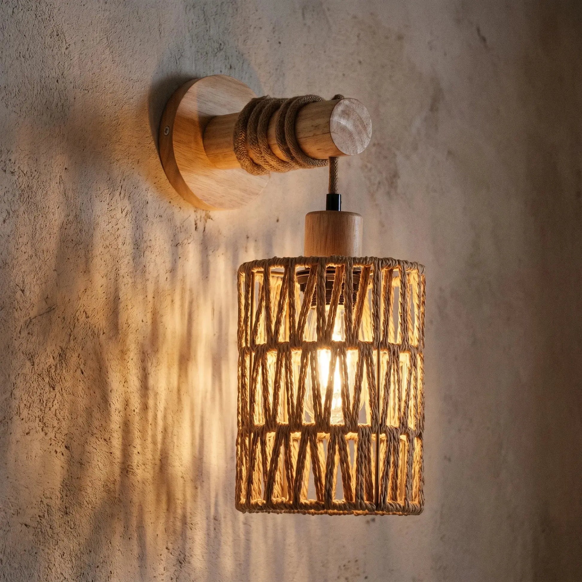 Woven Cord Cylindrical Wall Lamp — Rustic Farmhouse Wall Sconce for Bedroom, Hallway, and Living Room, Natural Wood-Backed Wall Light with Hand-Wound Cord Shade Erbstuk