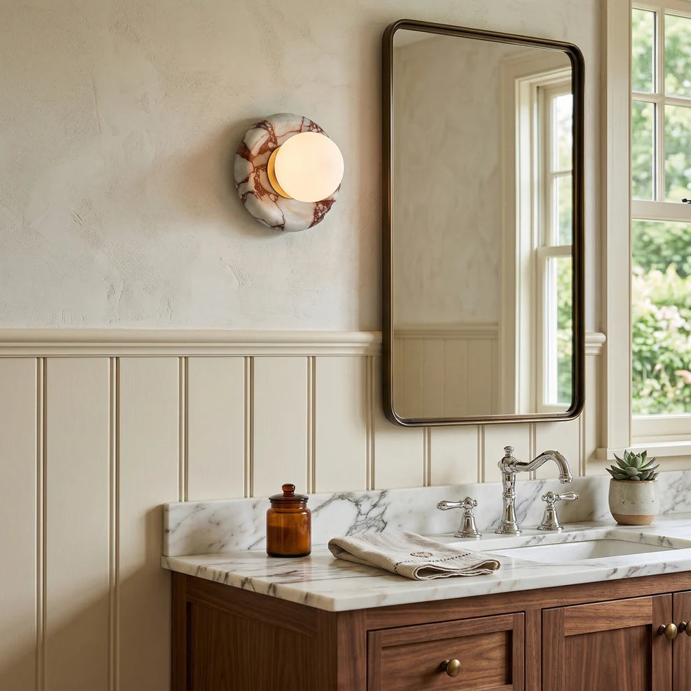 Strata Wall Sconce — Natural Stone Sconce with Frosted Glass Globe