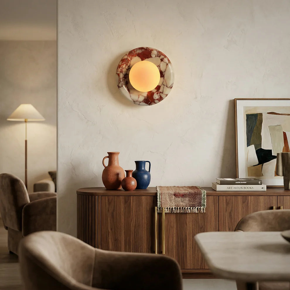 Strata Wall Sconce — Natural Stone Sconce with Frosted Glass Globe