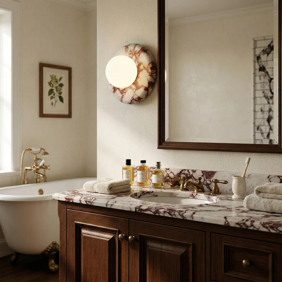 Strata Wall Sconce — Natural Stone Sconce with Frosted Glass Globe