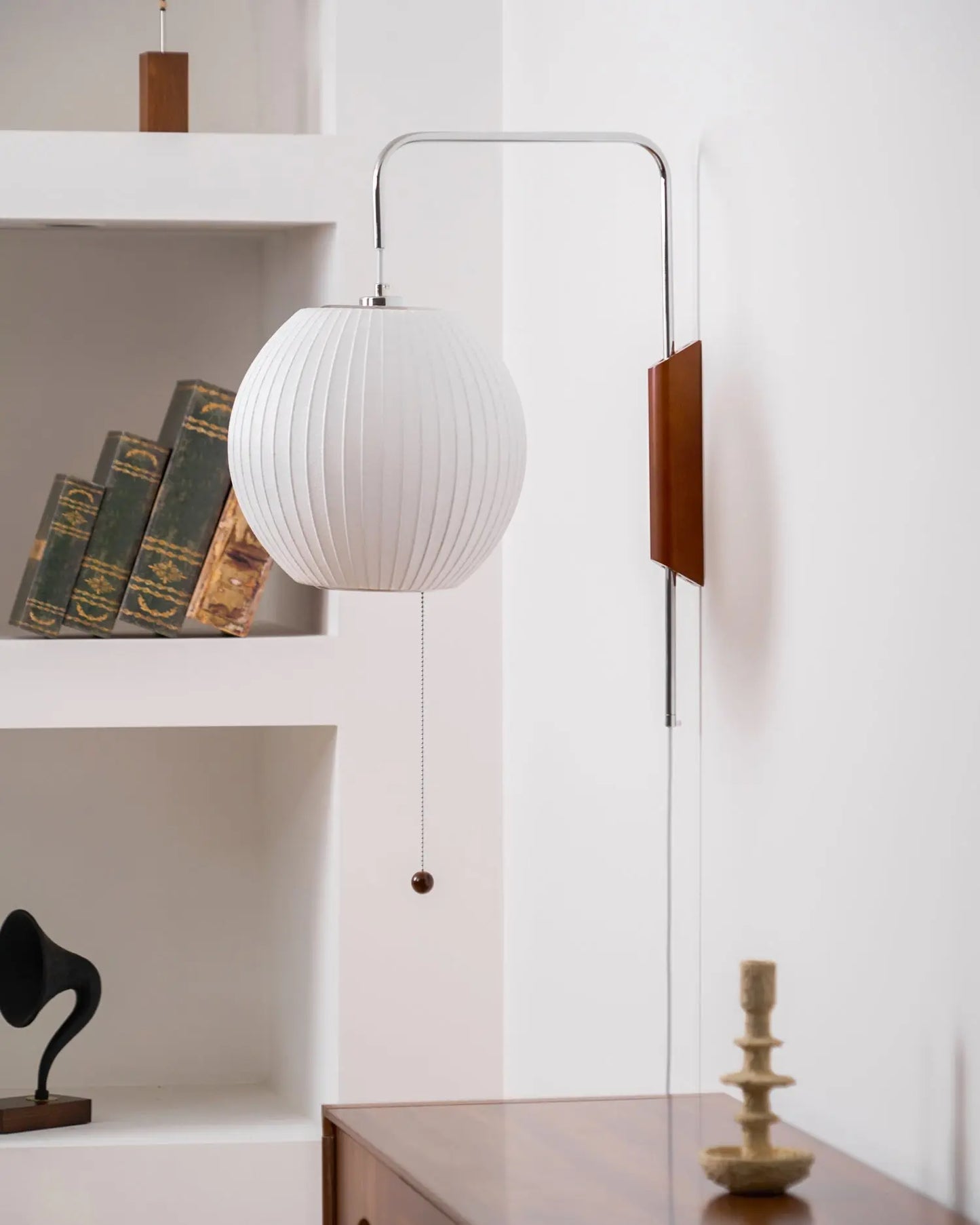 Silk Shade Flying Saucer Wall Sconce — Mid-Century Modern LED Wall Lamp with Swing Arm for Bedroom, Living Room, Study and Reading Nook, Walnut and Chrome Accent Erbstuk