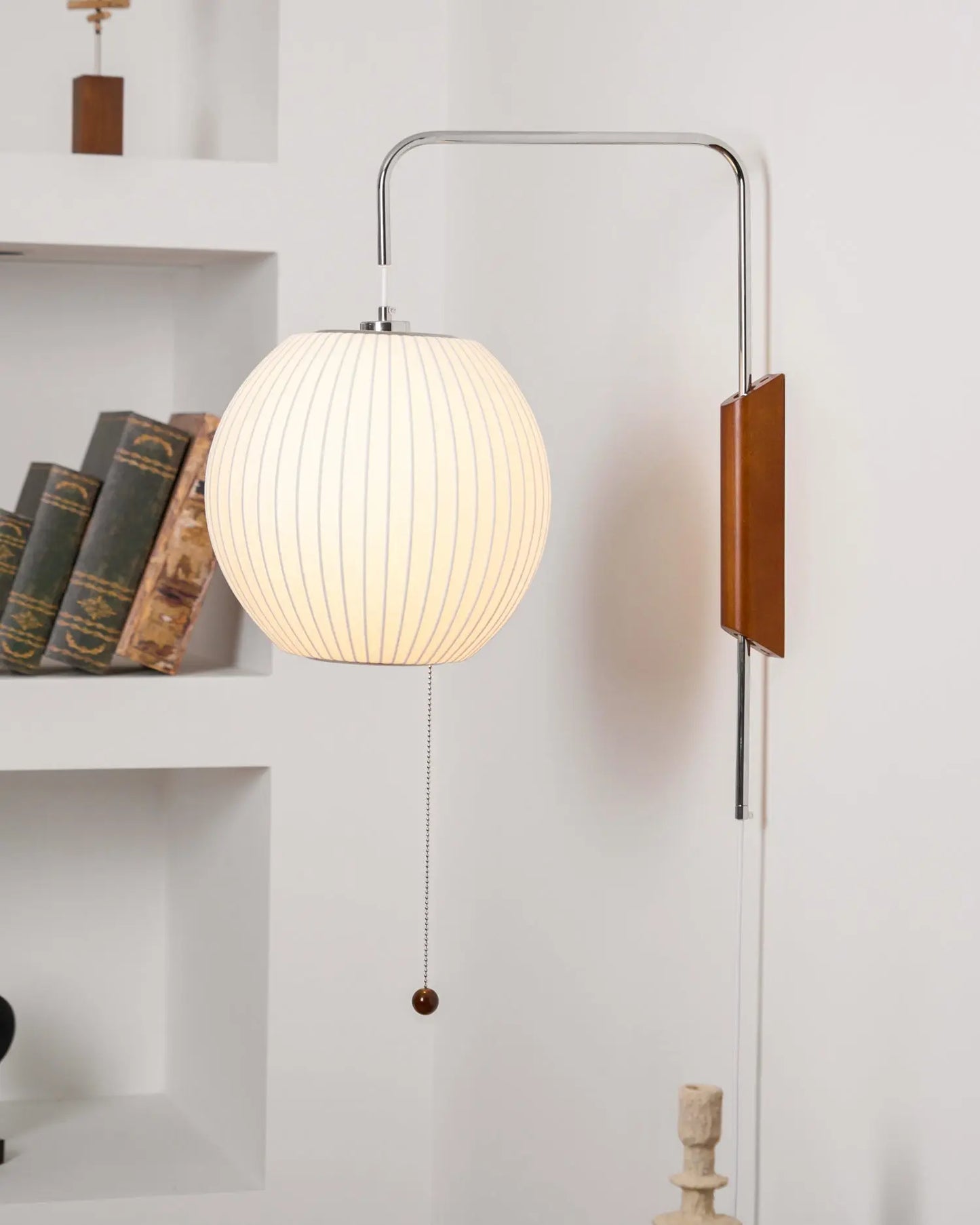 Silk Shade Flying Saucer Wall Sconce — Mid-Century Modern LED Wall Lamp with Swing Arm for Bedroom, Living Room, Study and Reading Nook, Walnut and Chrome Accent Erbstuk