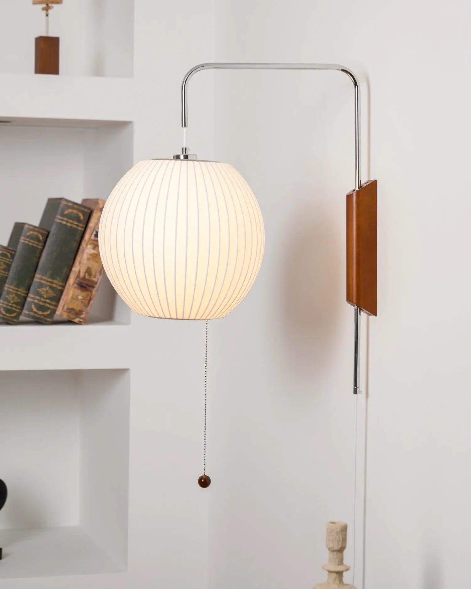 Silk Shade Flying Saucer Wall Sconce — Mid-Century Modern LED Wall Lamp with Swing Arm for Bedroom, Living Room, Study and Reading Nook, Walnut and Chrome Accent Erbstuk