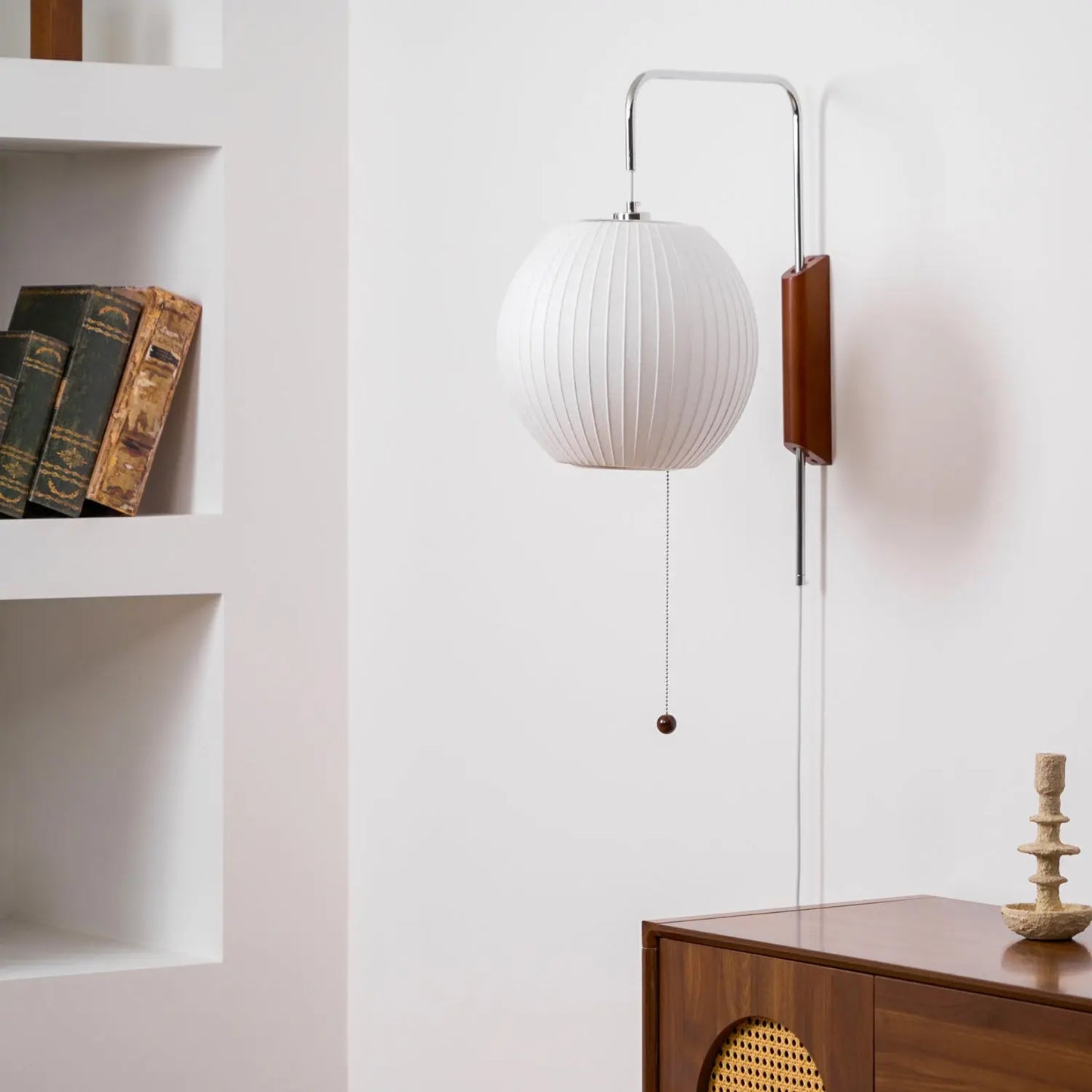 Silk Shade Flying Saucer Wall Sconce — Mid-Century Modern LED Wall Lamp with Swing Arm for Bedroom, Living Room, Study and Reading Nook, Walnut and Chrome Accent Erbstuk