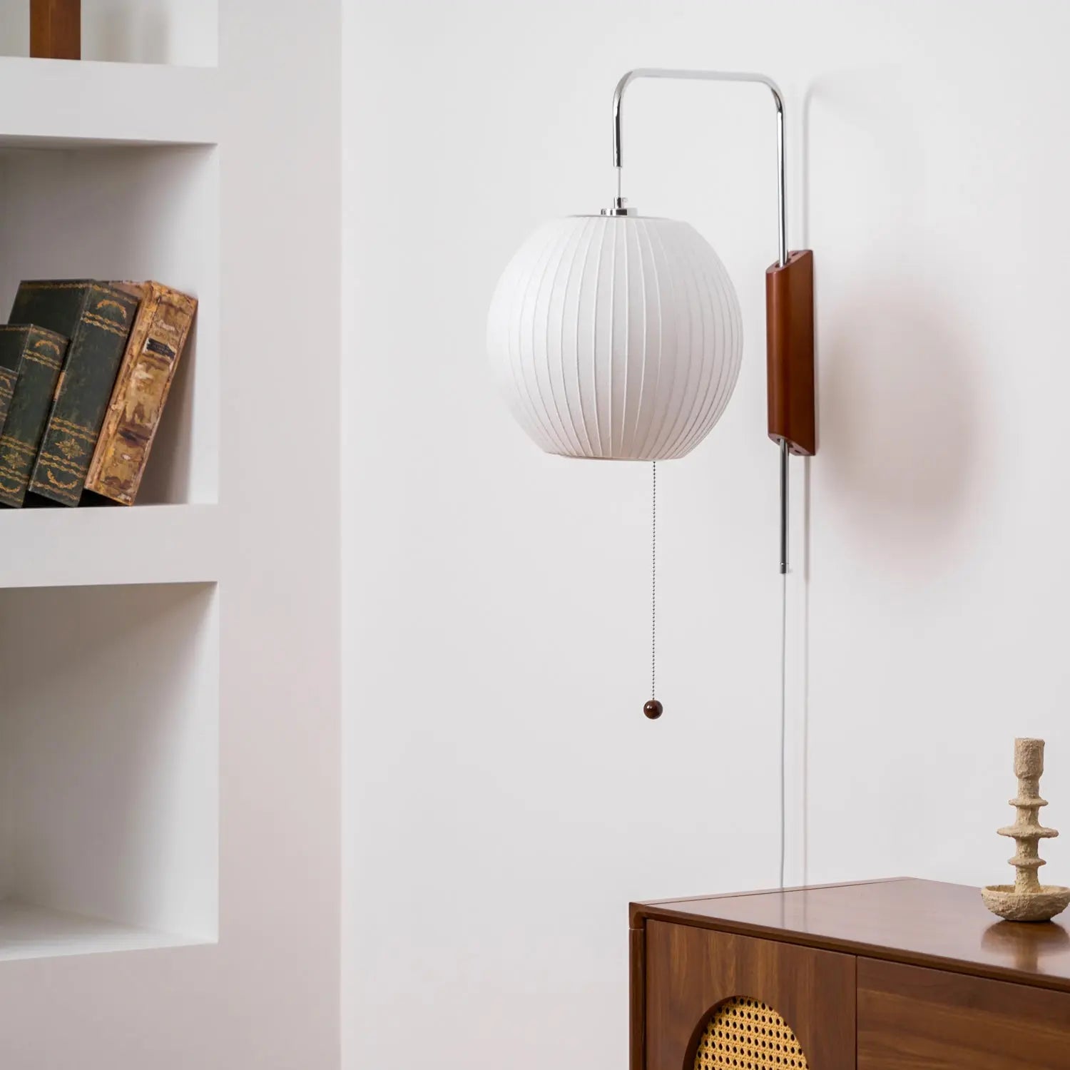 Silk Shade Flying Saucer Wall Sconce — Mid-Century Modern LED Wall Lamp with Swing Arm for Bedroom, Living Room, Study and Reading Nook, Walnut and Chrome Accent Erbstuk