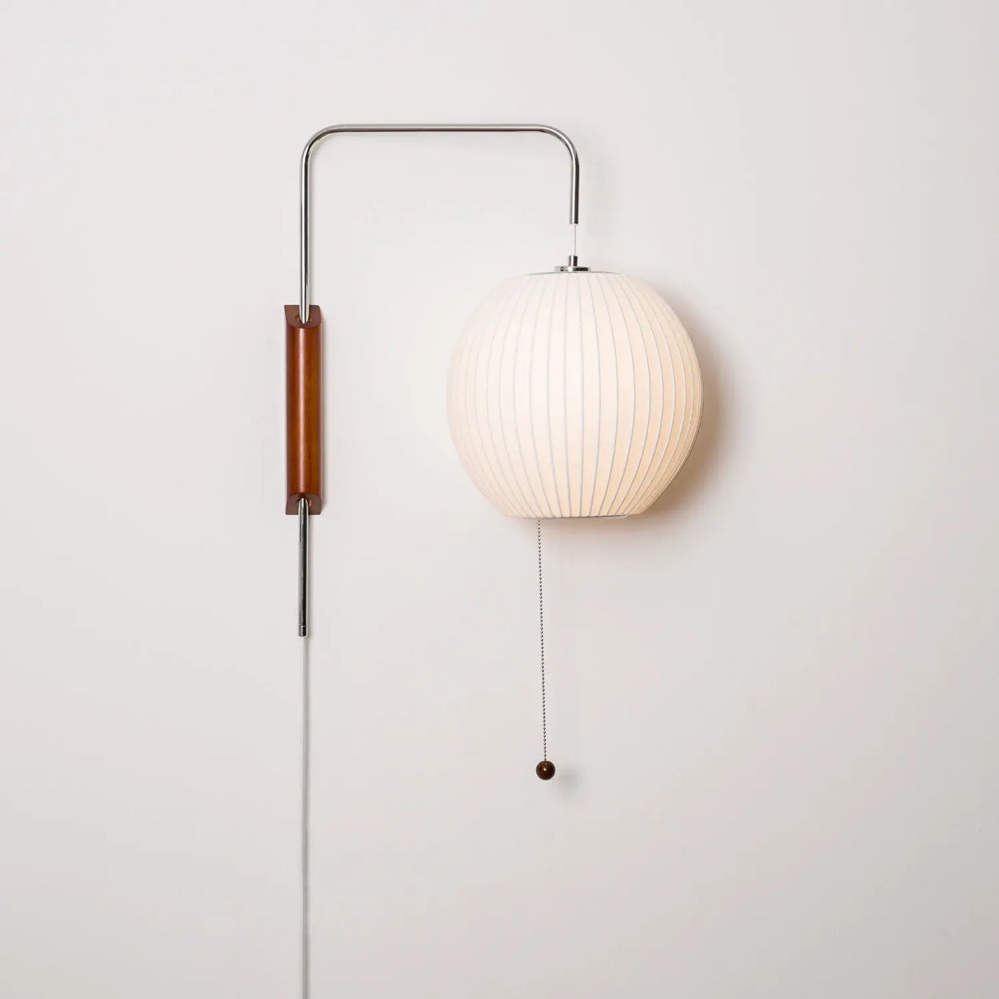 Silk Shade Flying Saucer Wall Sconce — Mid-Century Modern LED Wall Lamp with Swing Arm for Bedroom, Living Room, Study and Reading Nook, Walnut and Chrome Accent Erbstuk