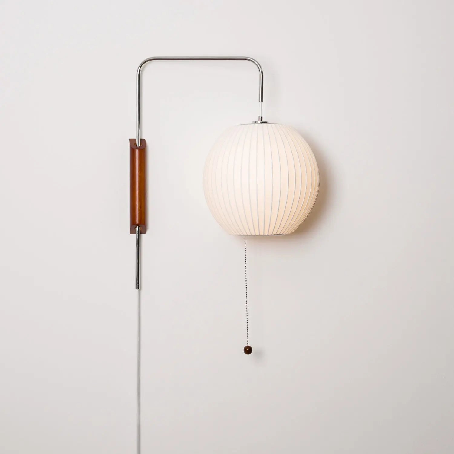 Silk Shade Flying Saucer Wall Sconce — Mid-Century Modern LED Wall Lamp with Swing Arm for Bedroom, Living Room, Study and Reading Nook, Walnut and Chrome Accent Erbstuk
