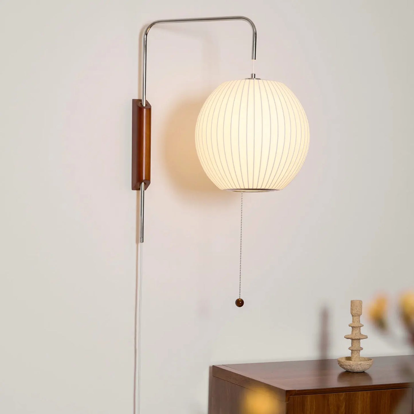 Silk Shade Flying Saucer Wall Sconce — Mid-Century Modern LED Wall Lamp with Swing Arm for Bedroom, Living Room, Study and Reading Nook, Walnut and Chrome Accent Erbstuk